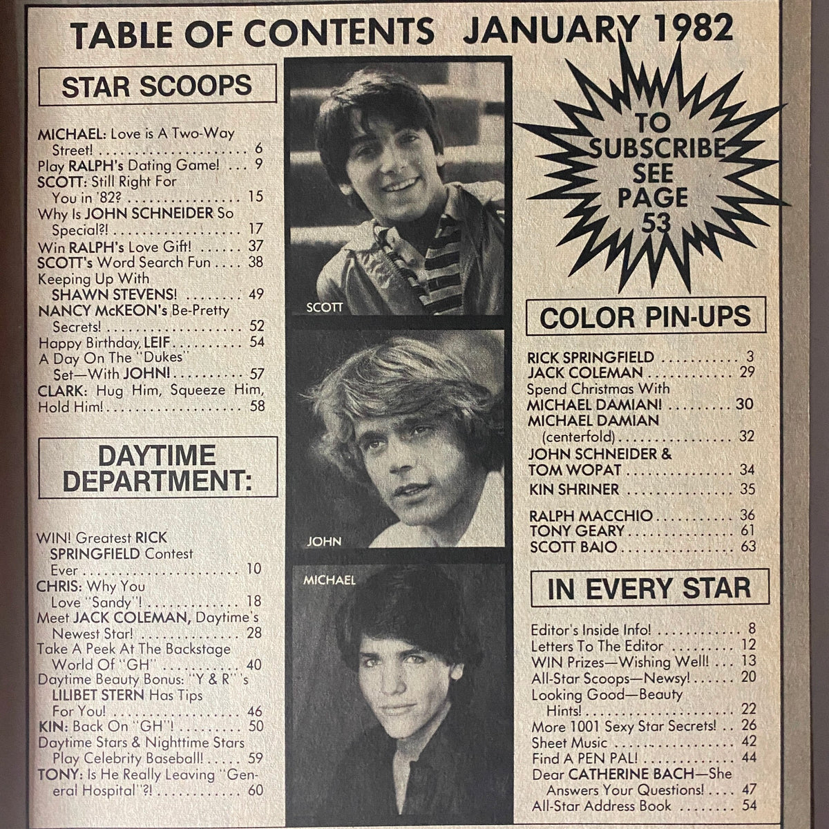Table of contents from Tiger Beat Star Magazine January 1982, listing features and highlights including Scott Baio and John Schneider.