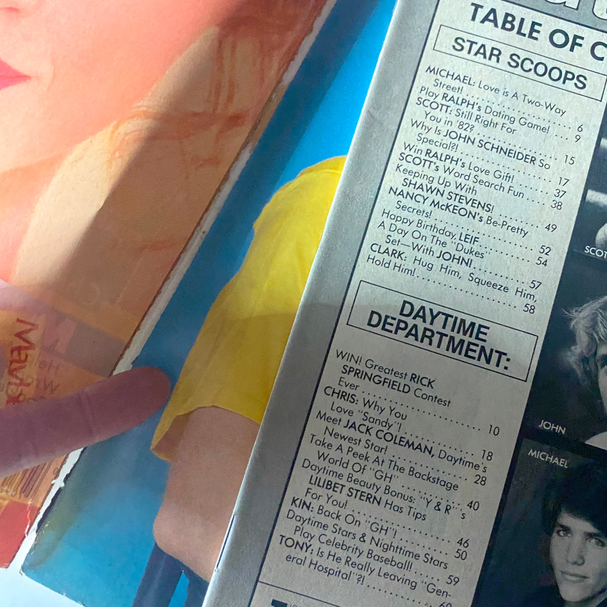 Table of contents from Tiger Beat Star Magazine January 1982, featuring popular celebrity highlights including Scott Baio and Jack Coleman.