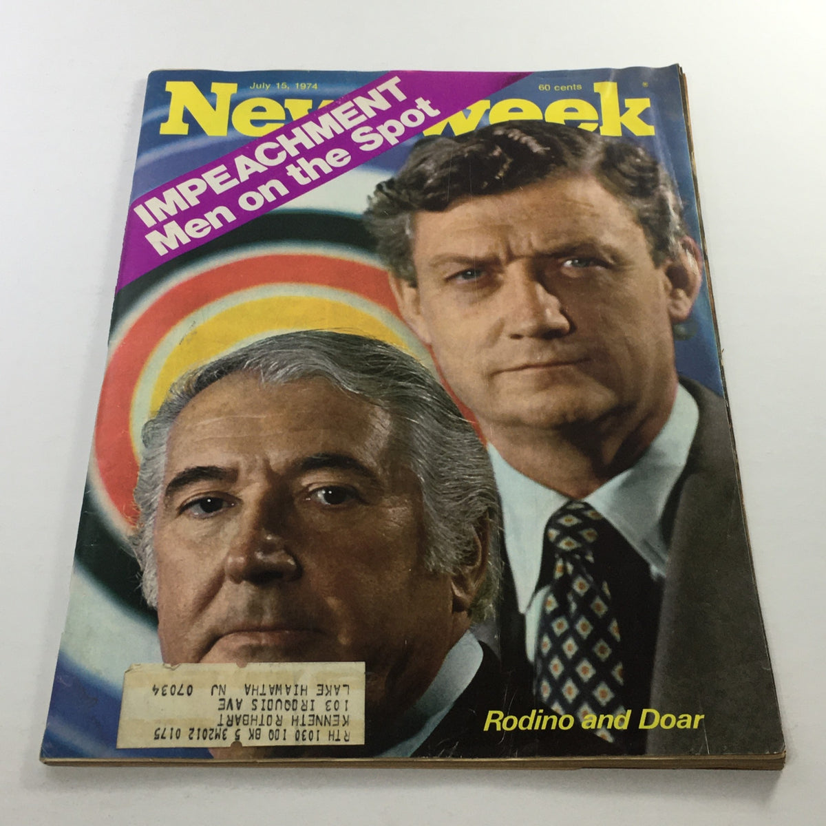 Cover of Newsweek Magazine, July 15, 1974, featuring the title 'Impeachment Men on the Spot: Rodino and Doar.' The image includes portraits of two men, emphasizing the political significance of the era.