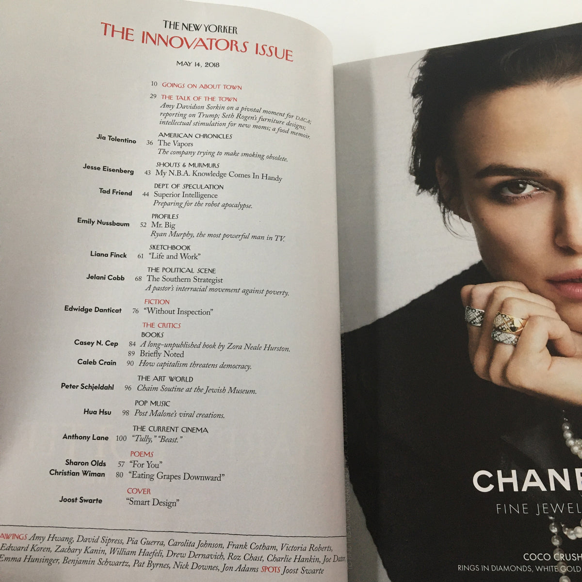 Inside page of The New Yorker Magazine May 14 2018, titled 'The Innovators Issue,' displaying the table of contents including featured articles.
