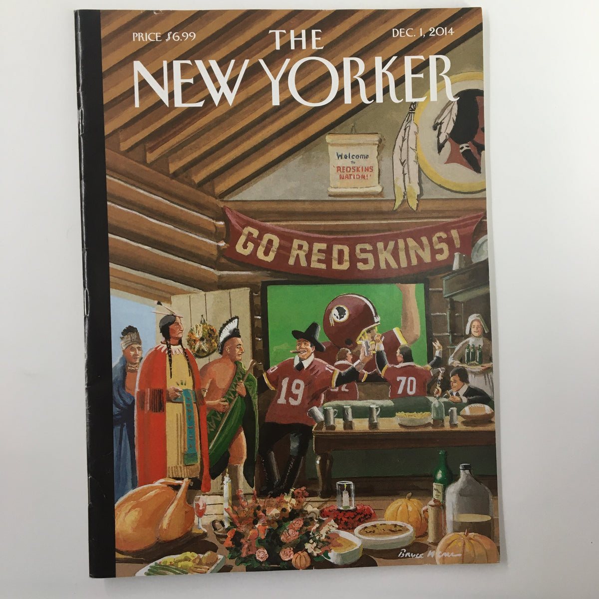 The New Yorker Magazine December 1 2014 cover featuring the illustration 'First Thanksgiving' by Bruce McCall, showcasing a humorous Thanksgiving scene with characters in traditional and modern attire.