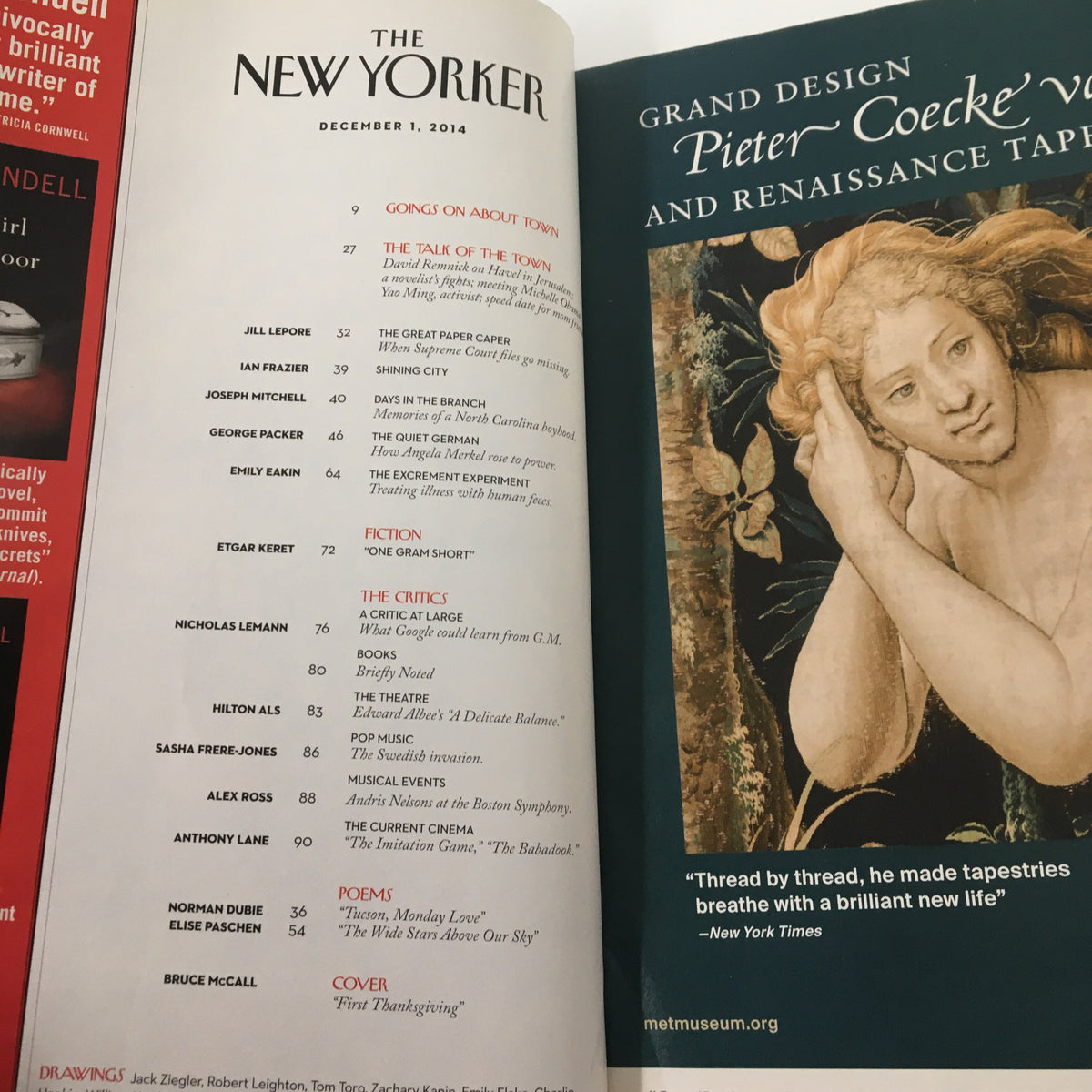 The New Yorker Magazine December 1 2014 inside page listing articles, including sections titled 'Goings on About Town', reflecting the magazine's cultural commentary and artistic style.