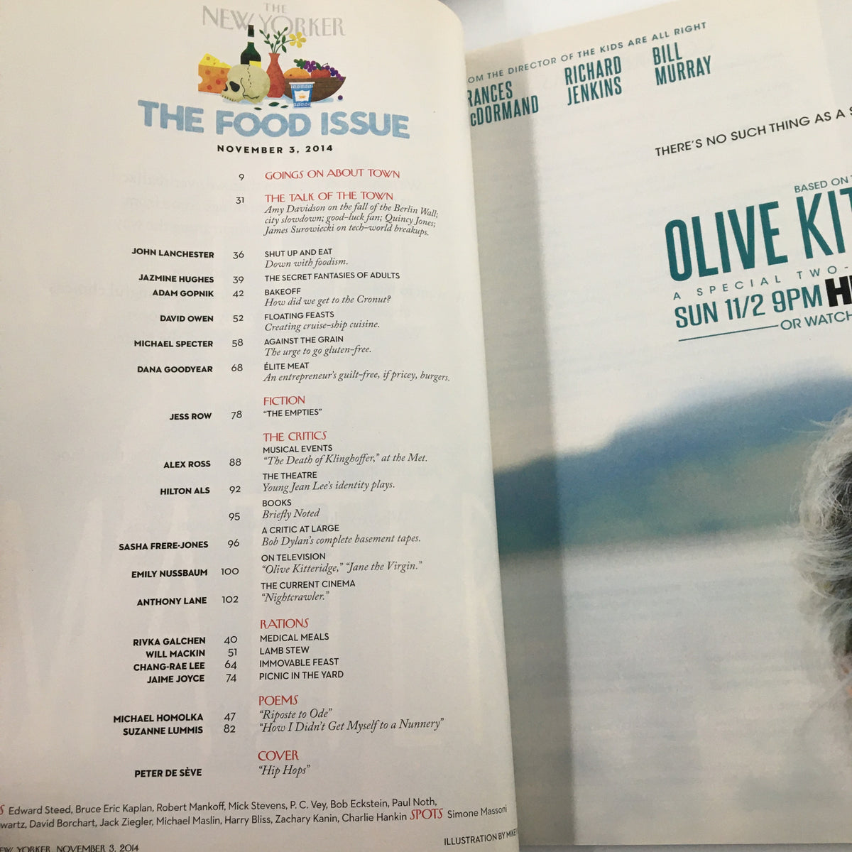 The New Yorker Magazine November 3 2014 interior page showcasing the Table of Contents and features, including articles like 'The Food Issue' and contributions from various writers.