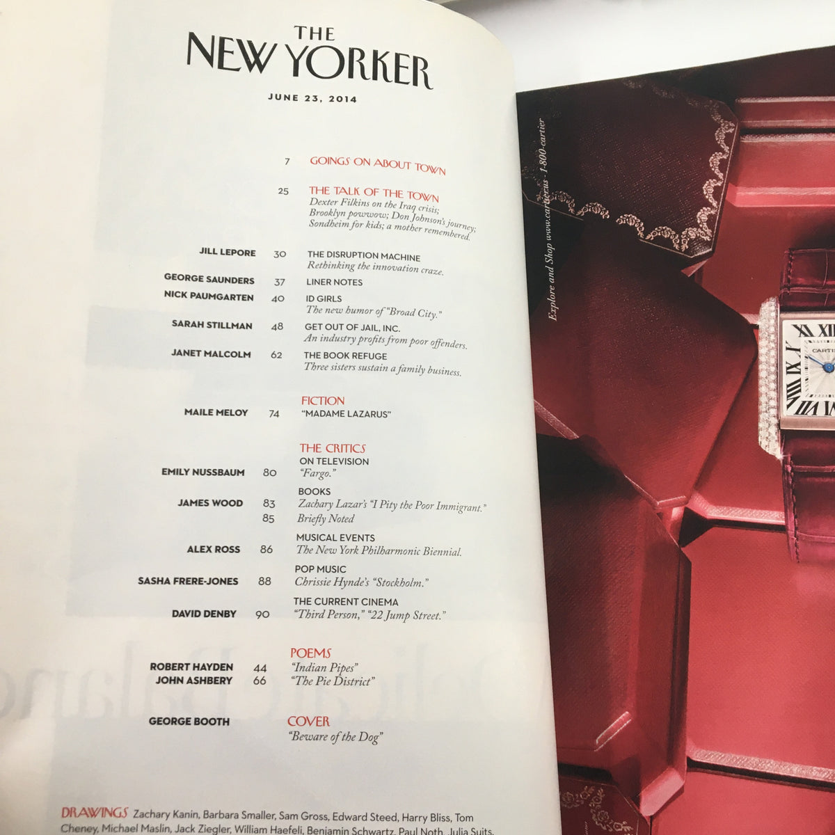 Table of contents from The New Yorker Magazine, June 23, 2014, listing various articles and contributors, including coverage on the topic 'The Talk of the Town' and a cartoon by George Booth on the cover.