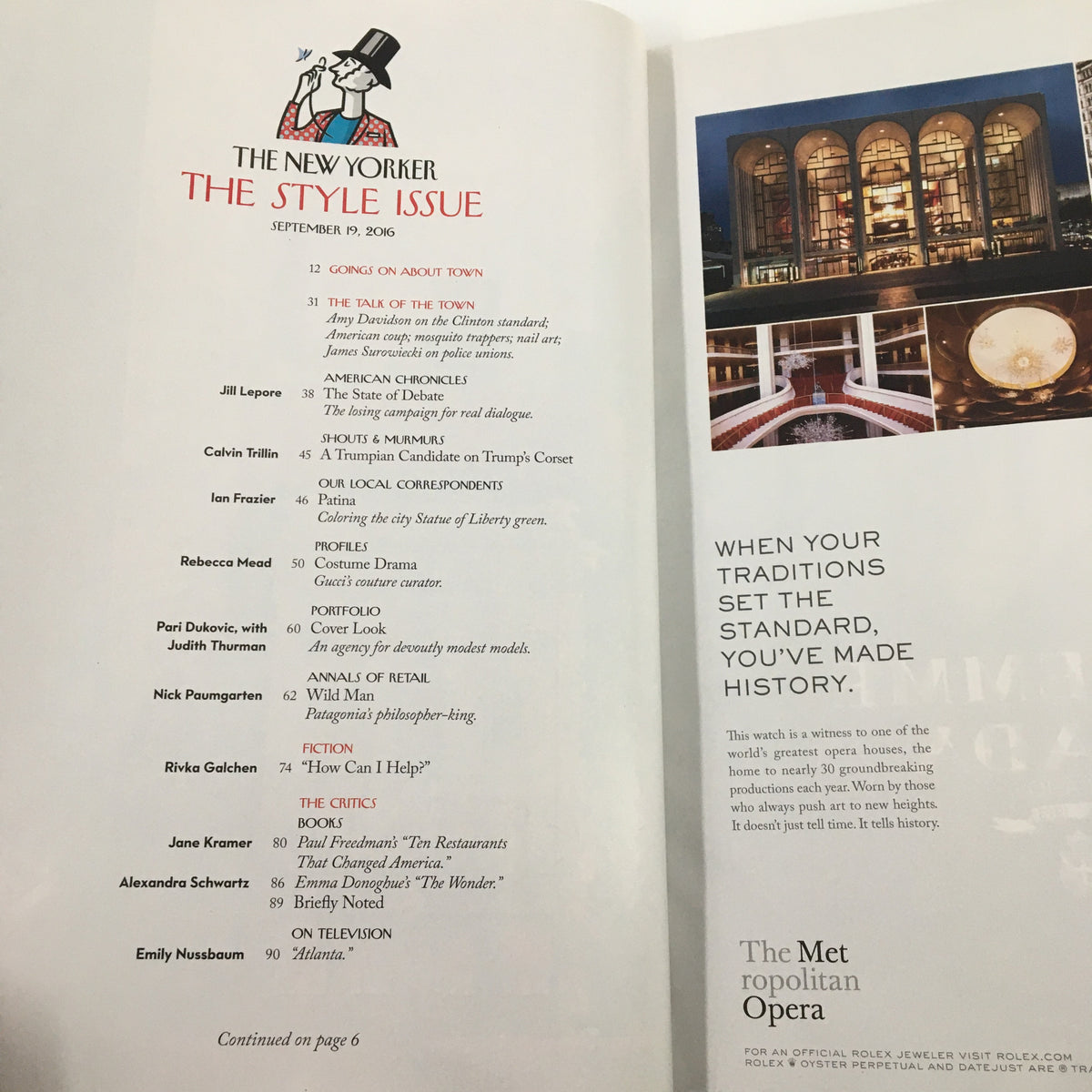 Interior page of The New Yorker Magazine September 19 2016 displaying the contents list, including articles and contributors, highlighting notable entries like 'The Critics' and 'When Your Traditions Set the Standard'.
