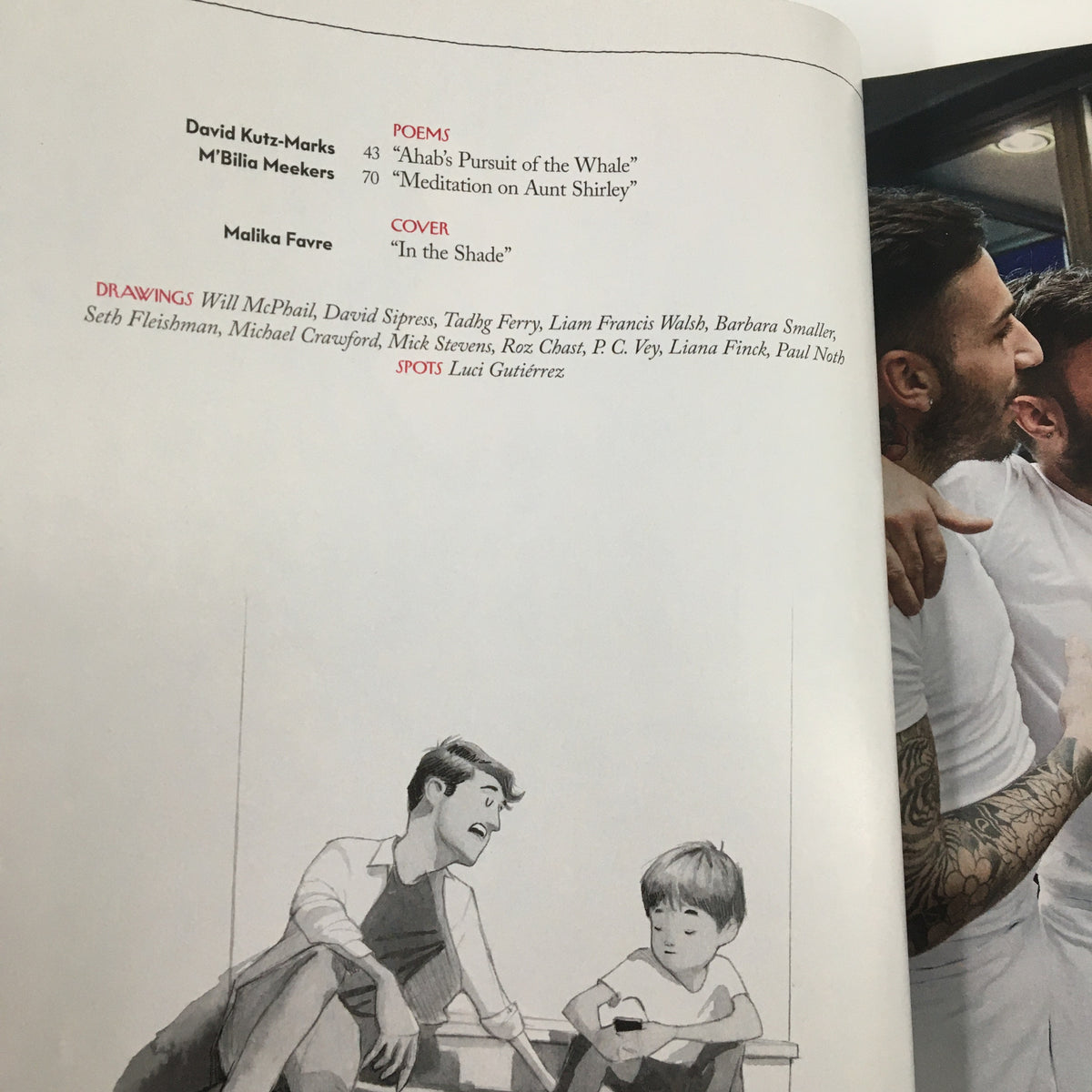 Interior page of The New Yorker Magazine September 19 2016 listing poems and drawings, featuring 'In the Shade' by Malika Favre, among other contributions by David Kurtz-Marks and others.