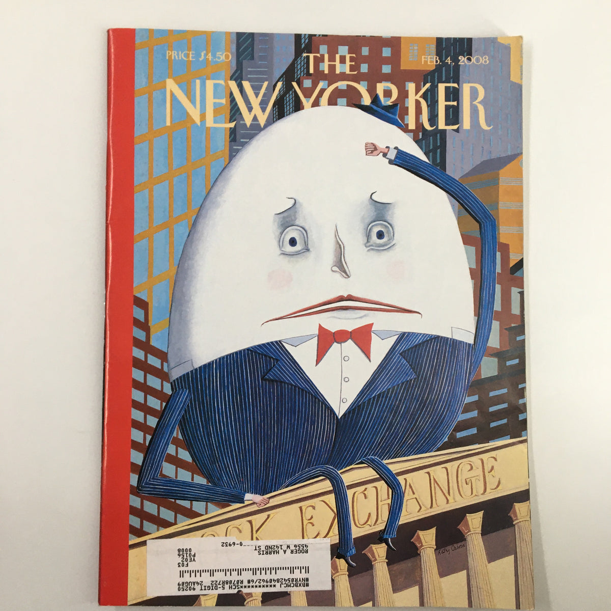 The New Yorker Magazine February 4 2008 cover featuring the illustration 'Humpty Dumpty Sat on a Wall' by Kathy Osborn, showcasing Humpty Dumpty in a suit on a city background.