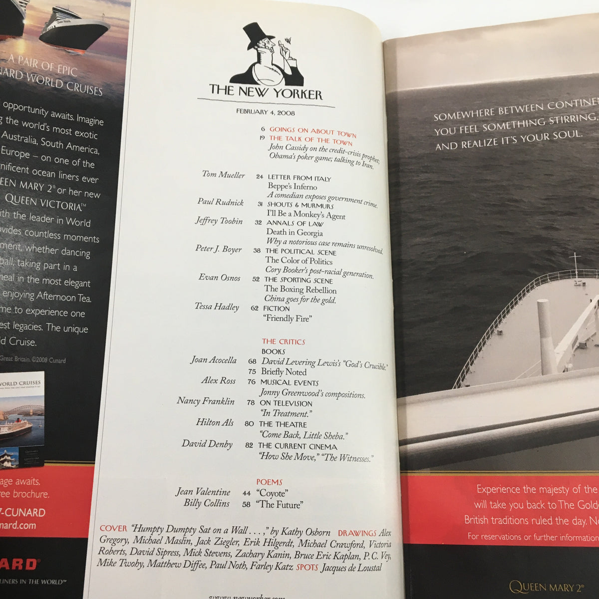 Interior page of The New Yorker Magazine February 4 2008 displaying the table of contents with article titles and contributions, including notable authors and pieces featured in that edition.