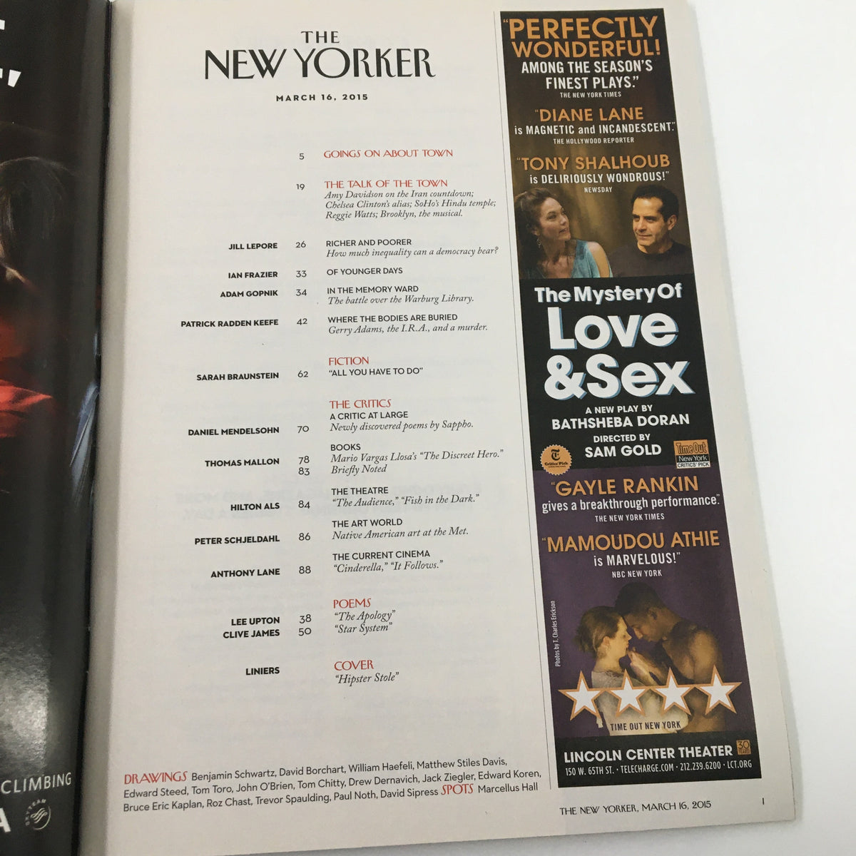 Table of contents from The New Yorker Magazine March 16, 2015 showcasing articles including 'Going On About Town', 'Fiction', and 'Poems', featuring cover art by Liniers.