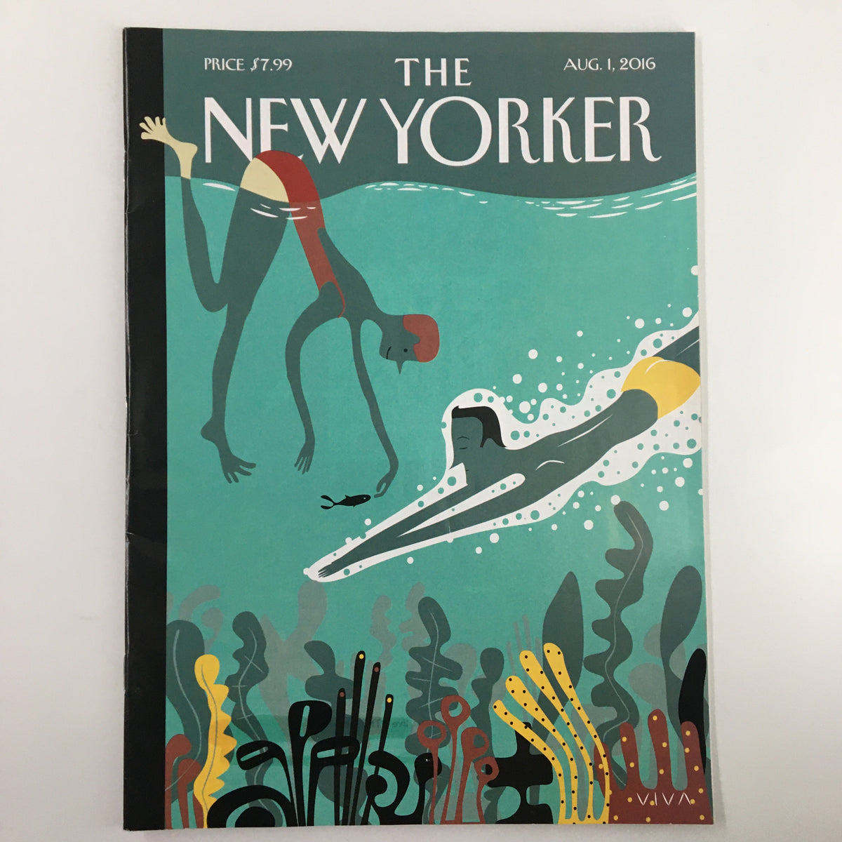 The New Yorker Magazine August 1 2016 cover featuring 'Beneath the Waves' illustration by Frank Viva, showcasing vibrant colors and artistic figures swimming in an ocean scene.