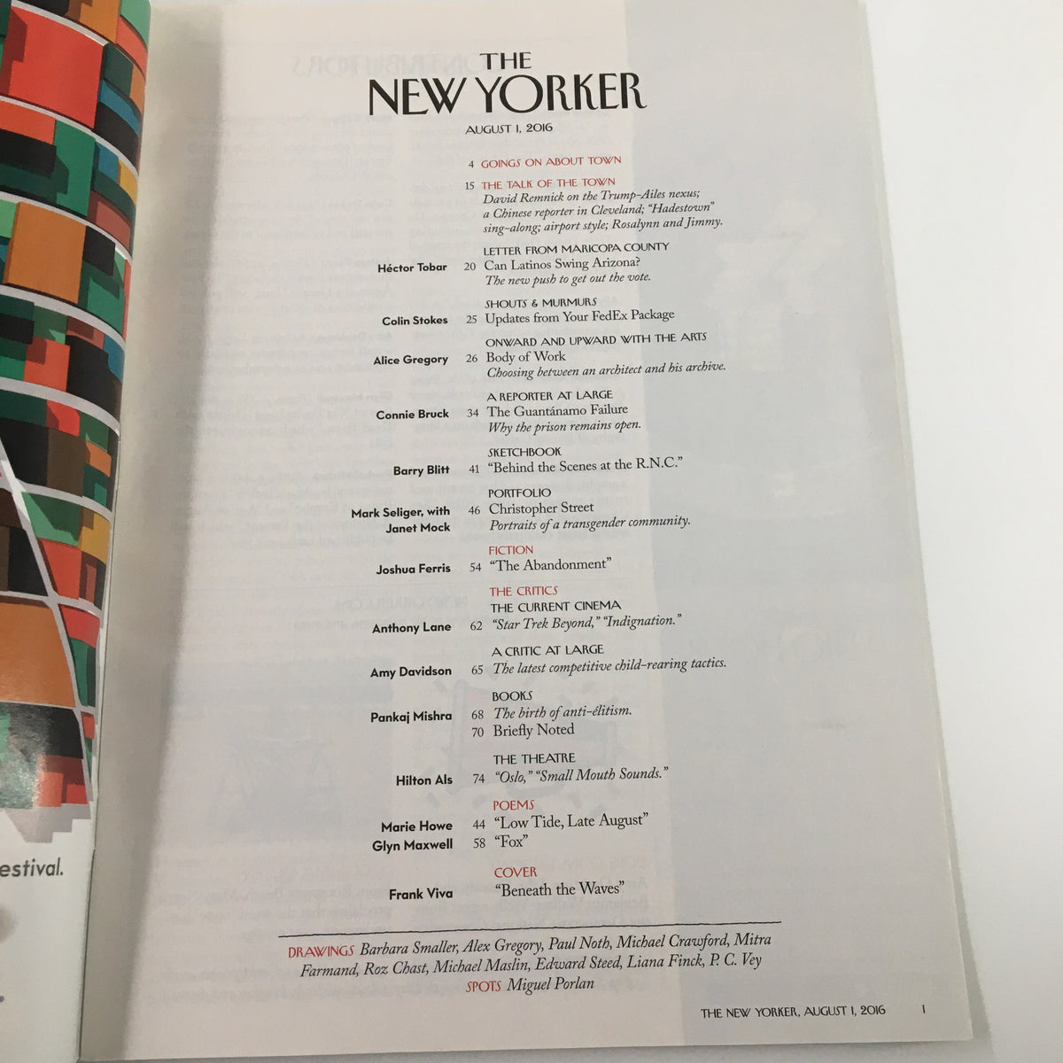 Table of contents for The New Yorker Magazine August 1, 2016, detailing featured articles and contributors including Frank Viva's cover art 'Beneath the Waves'.