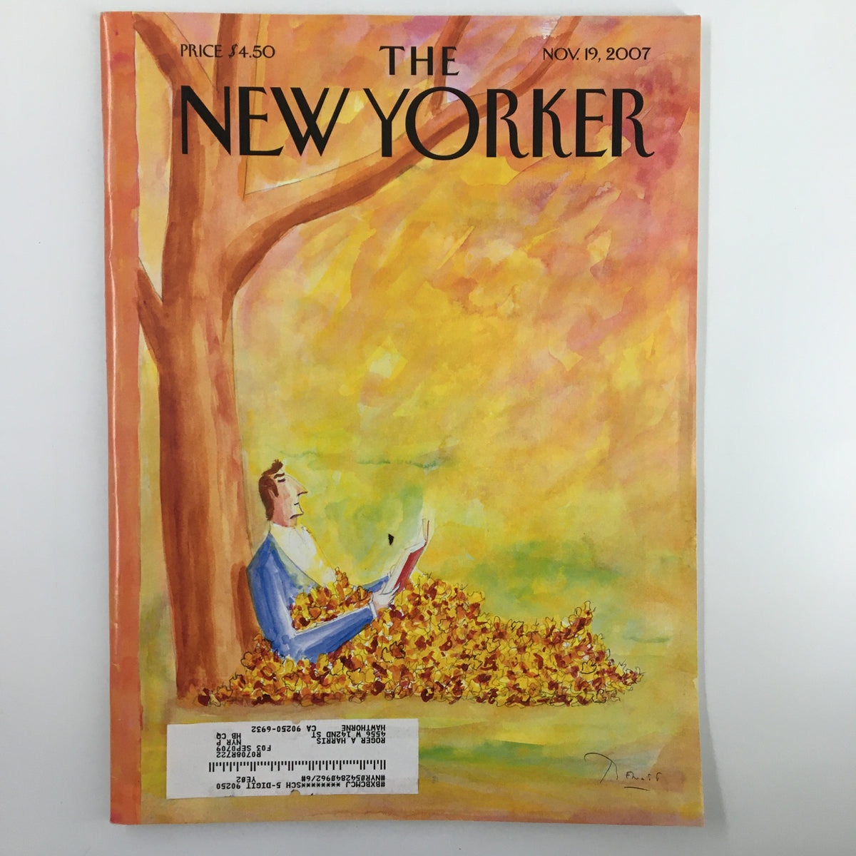 Cover of The New Yorker Magazine from November 19, 2007, featuring a colorful illustration of a man reading among autumn leaves, representing the theme 'Autumn Tales' by Benoit van Innis.