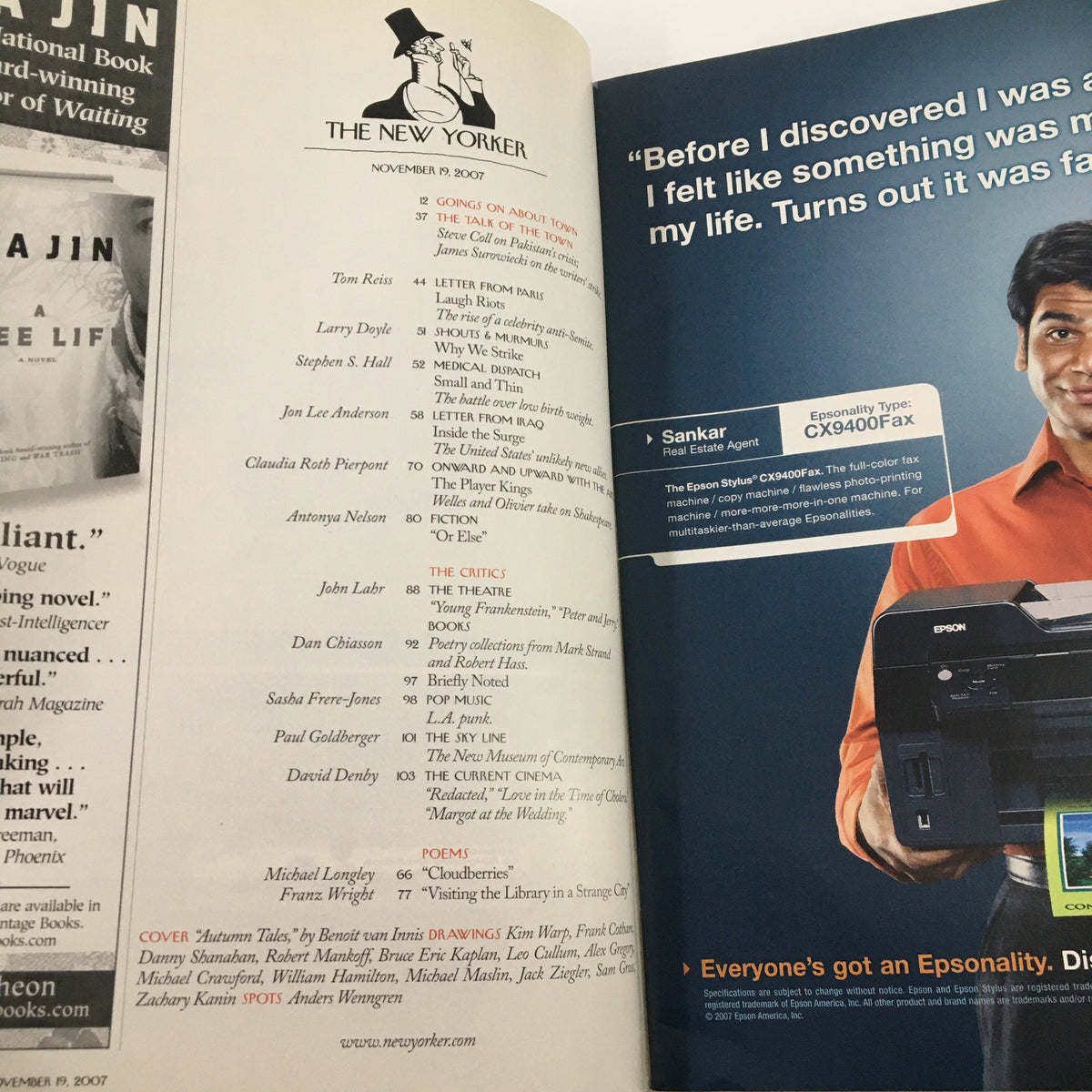 Interior page of The New Yorker Magazine from November 19, 2007, showcasing the table of contents with various article titles and authors.