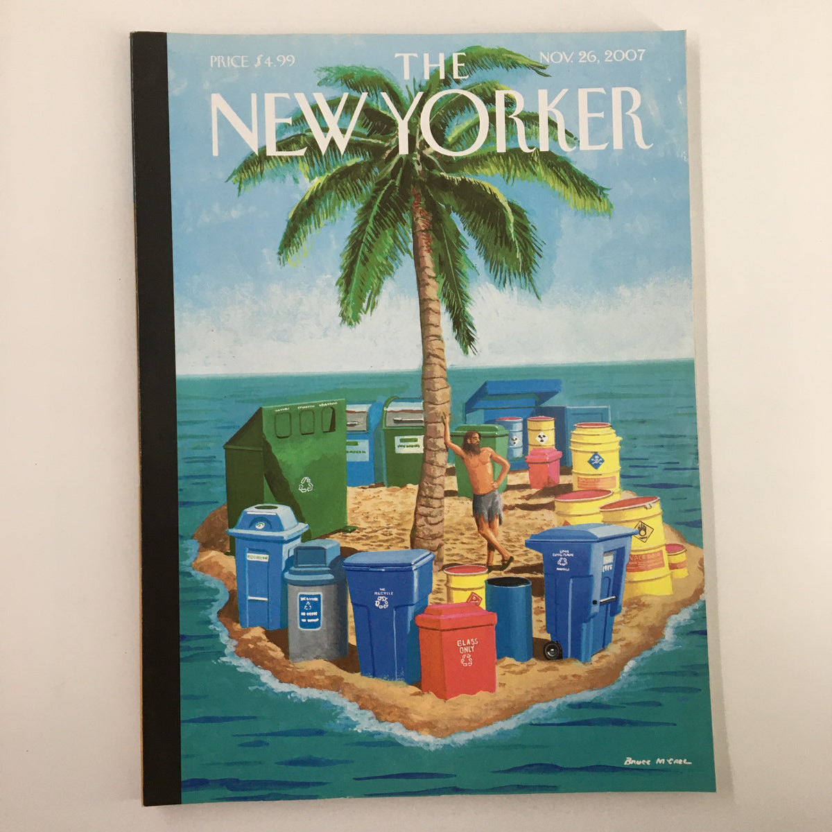 The New Yorker Magazine November 26 2007 cover featuring an illustration by Bruce McCall depicting a tropical scene with a palm tree and various garbage bins on an island.