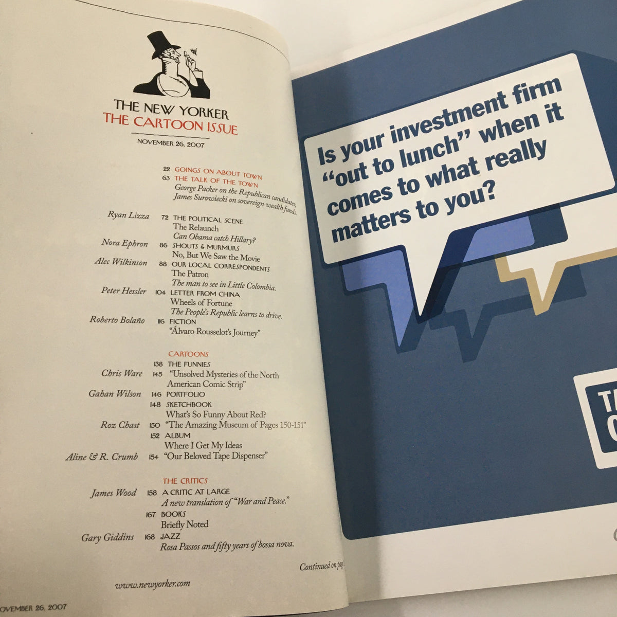 Interior page of The New Yorker Magazine from November 26, 2007, featuring the table of contents for the Cartoon Issue and sections highlighted in a visually engaging layout.