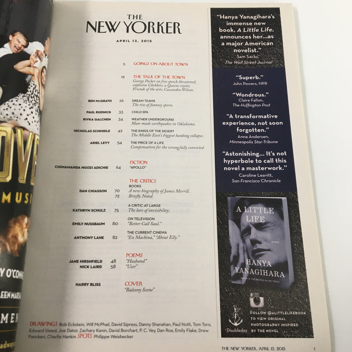 The New Yorker Magazine April 13 2015 featuring the table of contents including articles and artwork, showcasing the edition's theme with the cover art by Harry Bliss and notable contributors like Hanya Yanagihara.