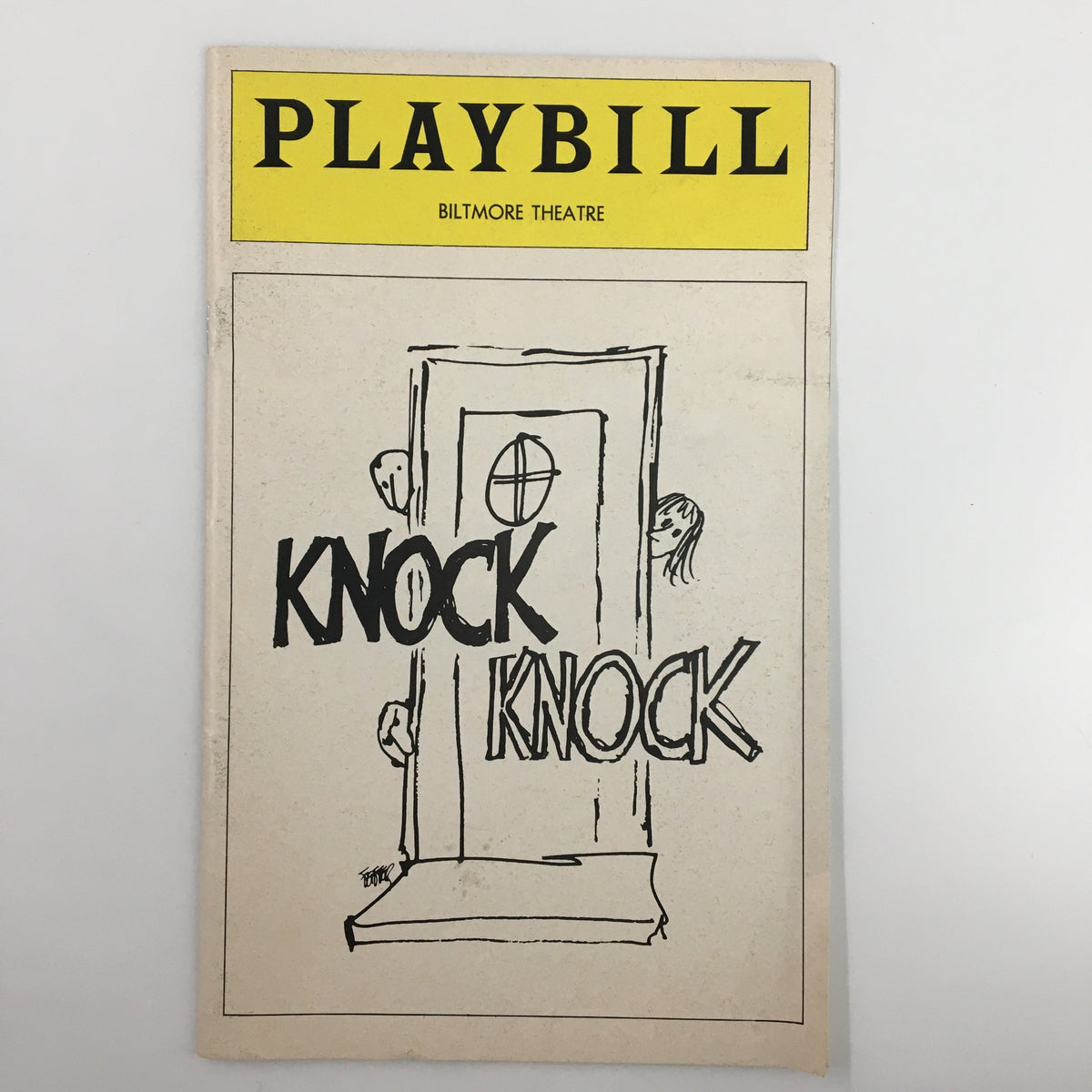 1976 Playbill for Knock Knock at the Biltmore Theatre, showcasing the cover artwork featuring the title 'KNOCK KNOCK'.