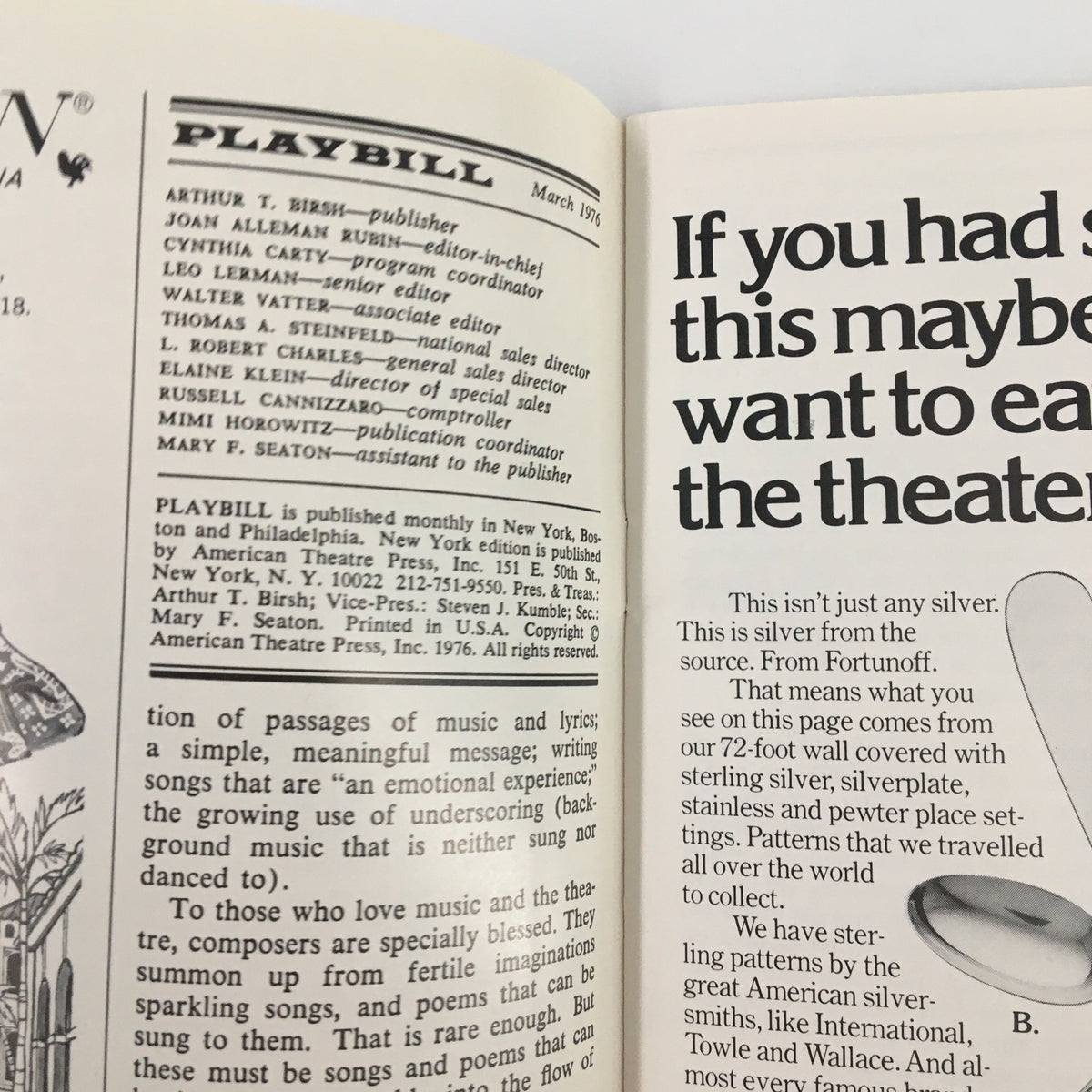 Inside page of the 1976 Playbill for Knock Knock at the Biltmore Theatre, displaying publisher information and vintage theater graphics.