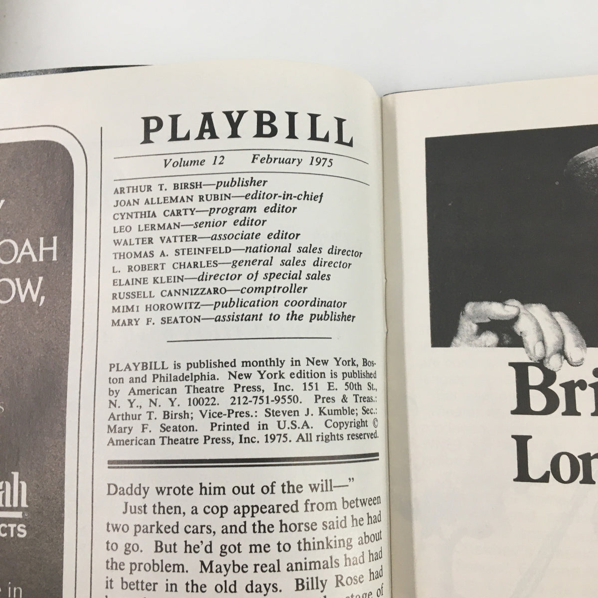 1975 Playbill from The Palace Theatre with publication details for the February edition, celebrating the history of Broadway and featuring 'Goodtime Charley' starring Ann Reinking.