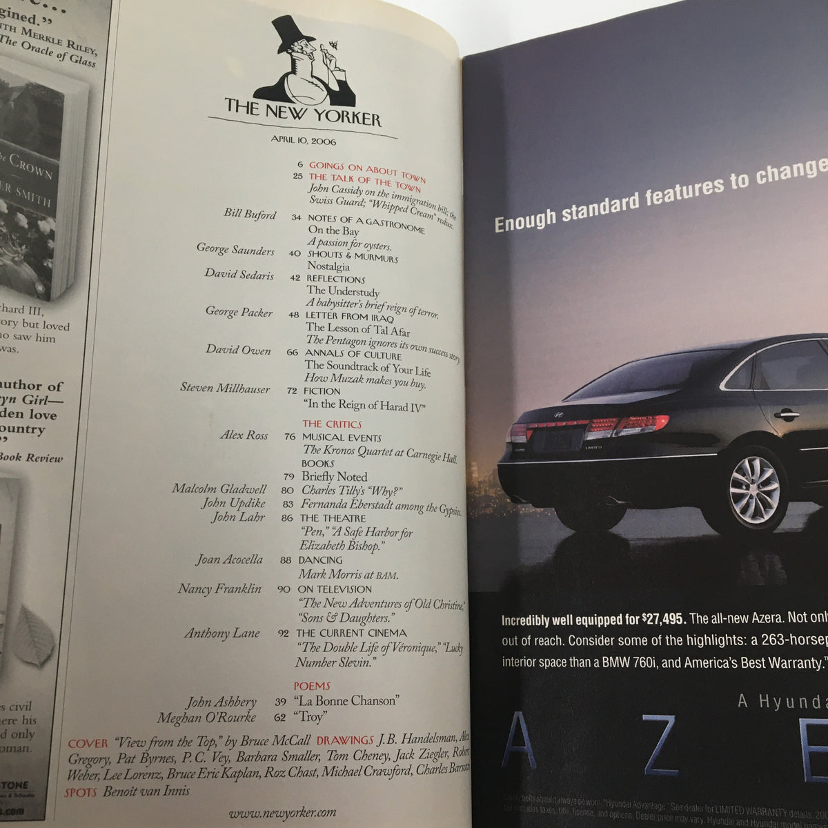 Inside page of The New Yorker Magazine April 10 2006 displaying the magazine's table of contents and an advertisement for a Hyundai automobile.