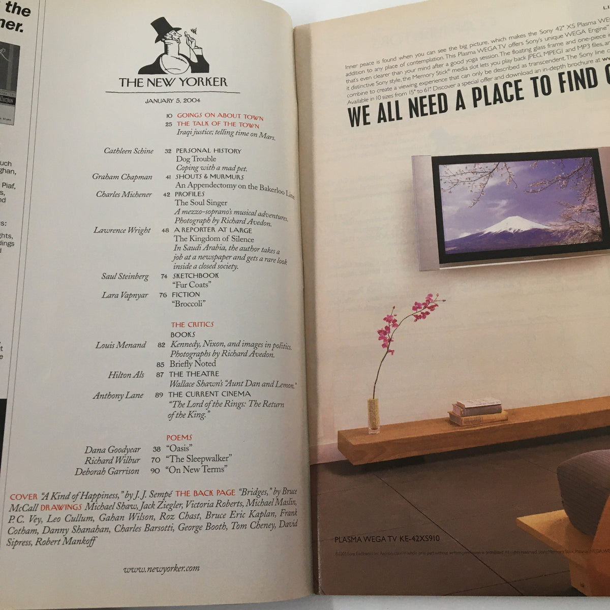 Inside page of The New Yorker magazine, January 5, 2004, displaying the table of contents with article titles, featuring a serene image of a cherry blossom in a modern setting.