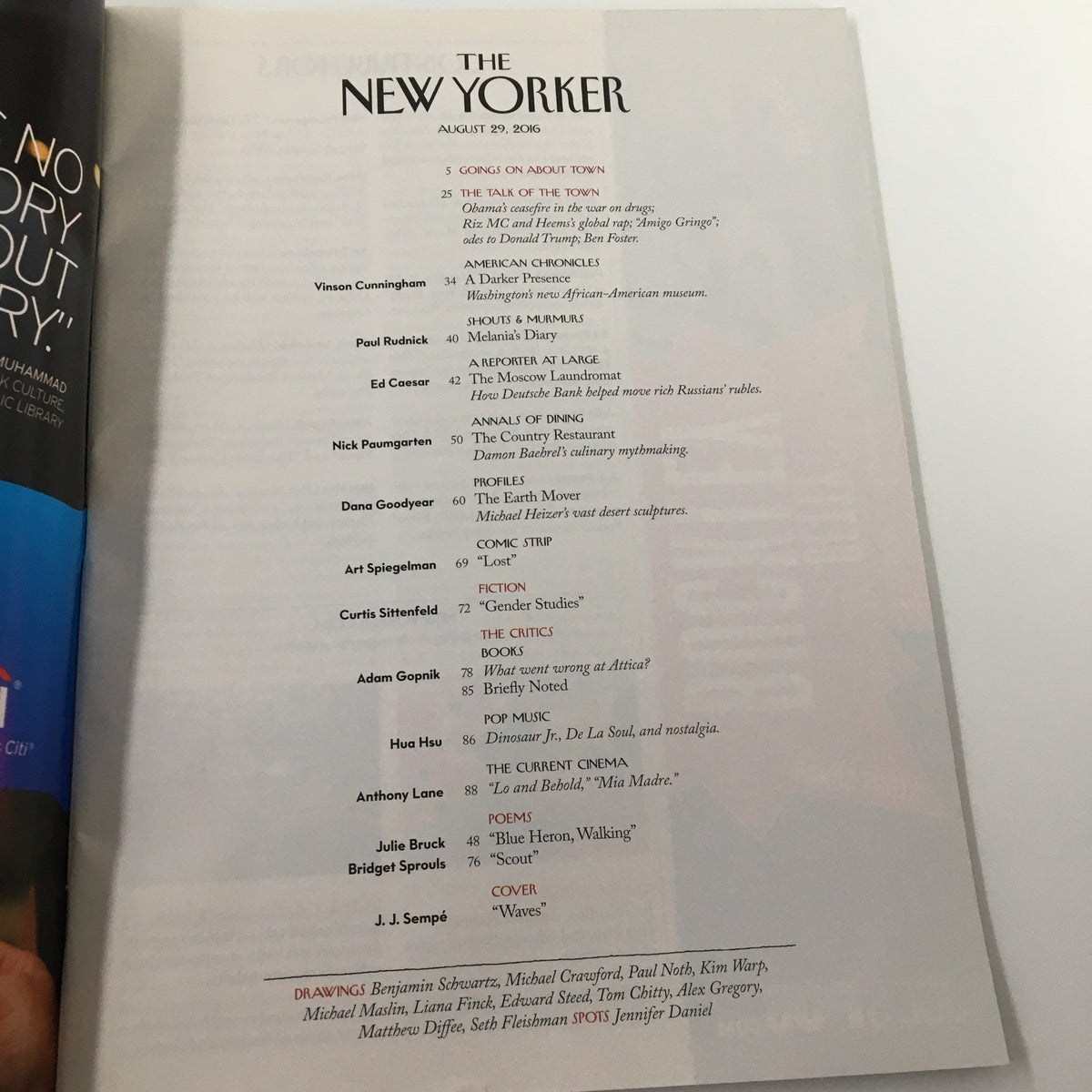 Table of contents for The New Yorker Magazine August 29 2016 listing featured articles and illustrations including the Waves cover by Jean-Jacques Sempé.