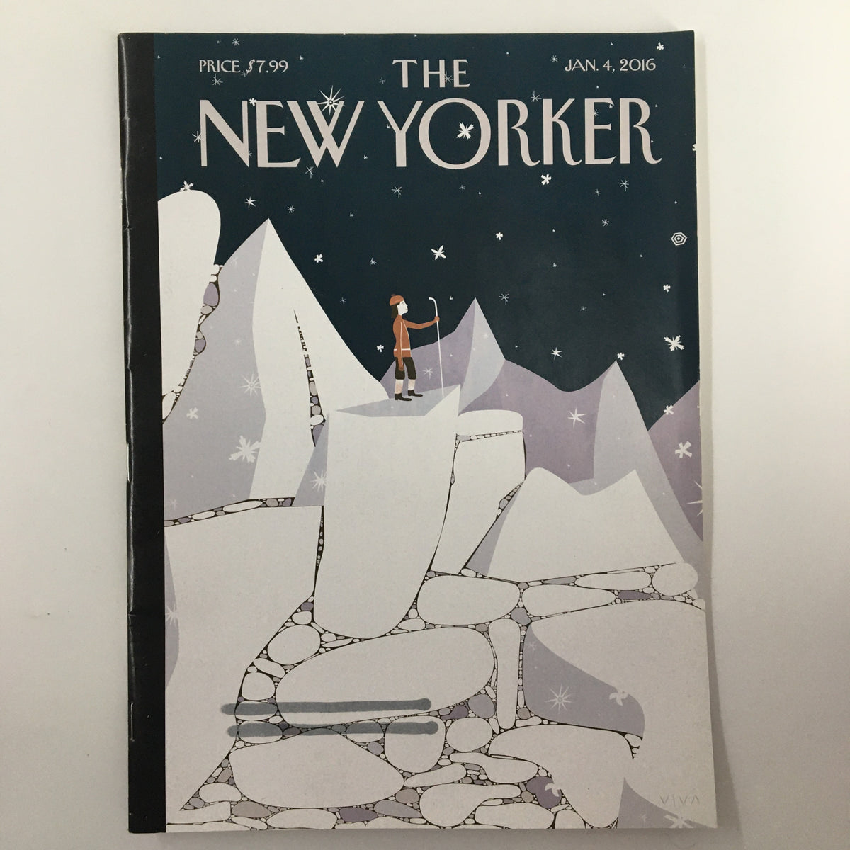 Cover of The New Yorker Magazine, January 4, 2016, featuring 'The Long View' illustration by Frank Viva, showcasing a serene winter scene with a figure standing on a rocky outcropping.