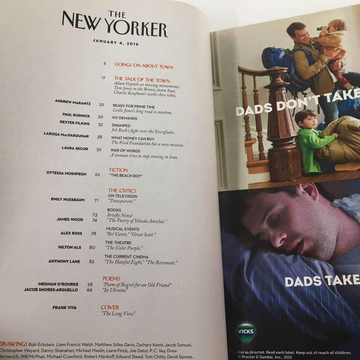 Interior pages of The New Yorker Magazine January 4, 2016 featuring table of contents and article highlights including 'Dads Don’t Take.'