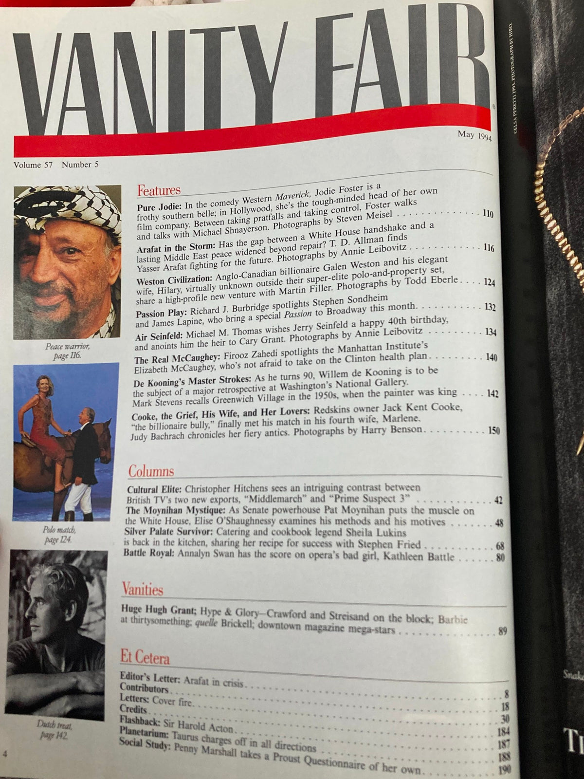 Contents page of Vanity Fair Magazine May 1994, listing features like 'Pure Jodie', 'Arafat in The Storm' and more, highlighting the era's pop culture.