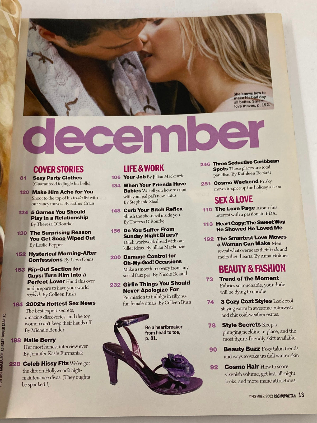 Interior page of Cosmopolitan Magazine December 2002, including the contents list with articles on fashion, relationships, and lifestyle, reflecting early 2000s pop culture.