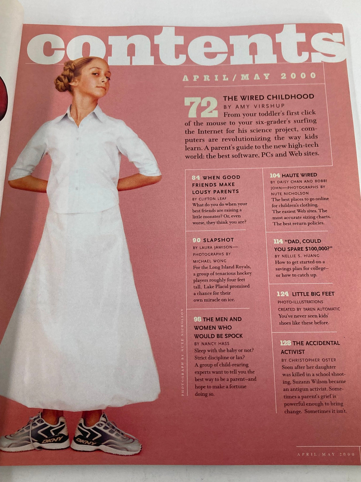 Contents page of Offspring Smart Parenting Magazine April May 2000, showcasing articles including 'The Wired Childhood' and other parenting topics related to technology.