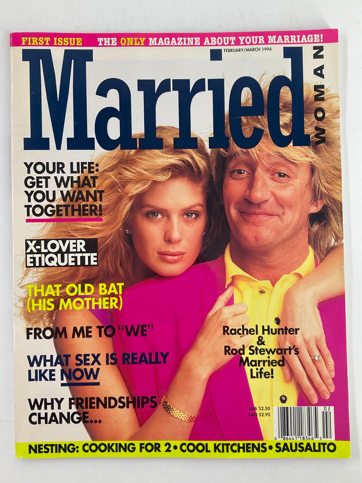 Cover of Married Woman Magazine February 1994 featuring model Rachel Hunter and rock star Rod Stewart. The magazine showcases topics on relationships, marriage guidance, and lifestyle.