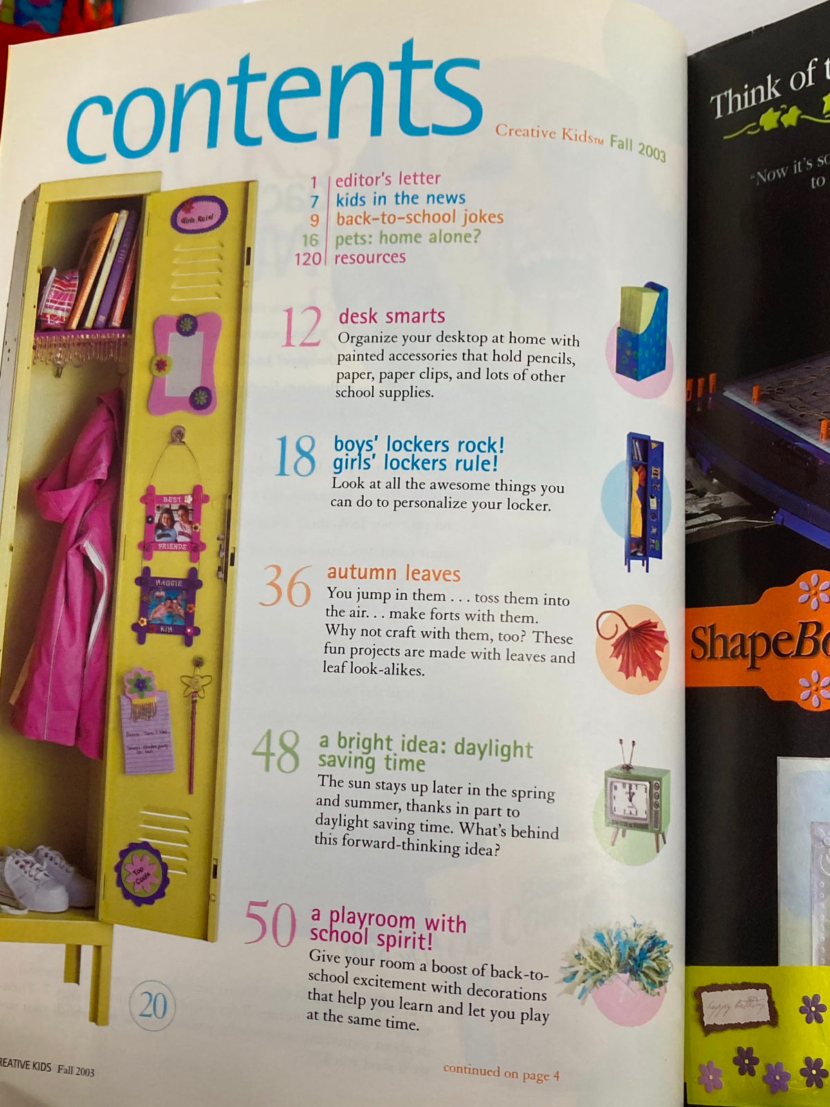 Contents page of Better Homes & Garden Creative Kids Magazine Fall 2003 Dream Playroom, including topics like desk organization, lockers, autumn leaves, and classroom creativity activities.