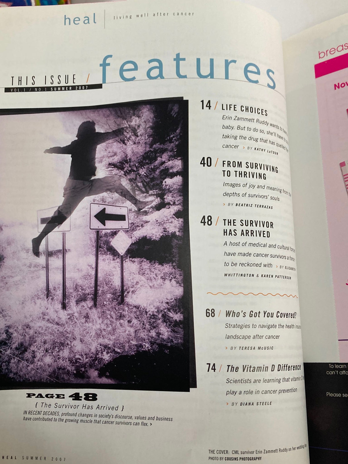 Interior page from Heal Magazine Summer 2007 detailing features including 'Life Choices' and 'The Survivor Has Arrived', highlighting stories of empowerment and survival.