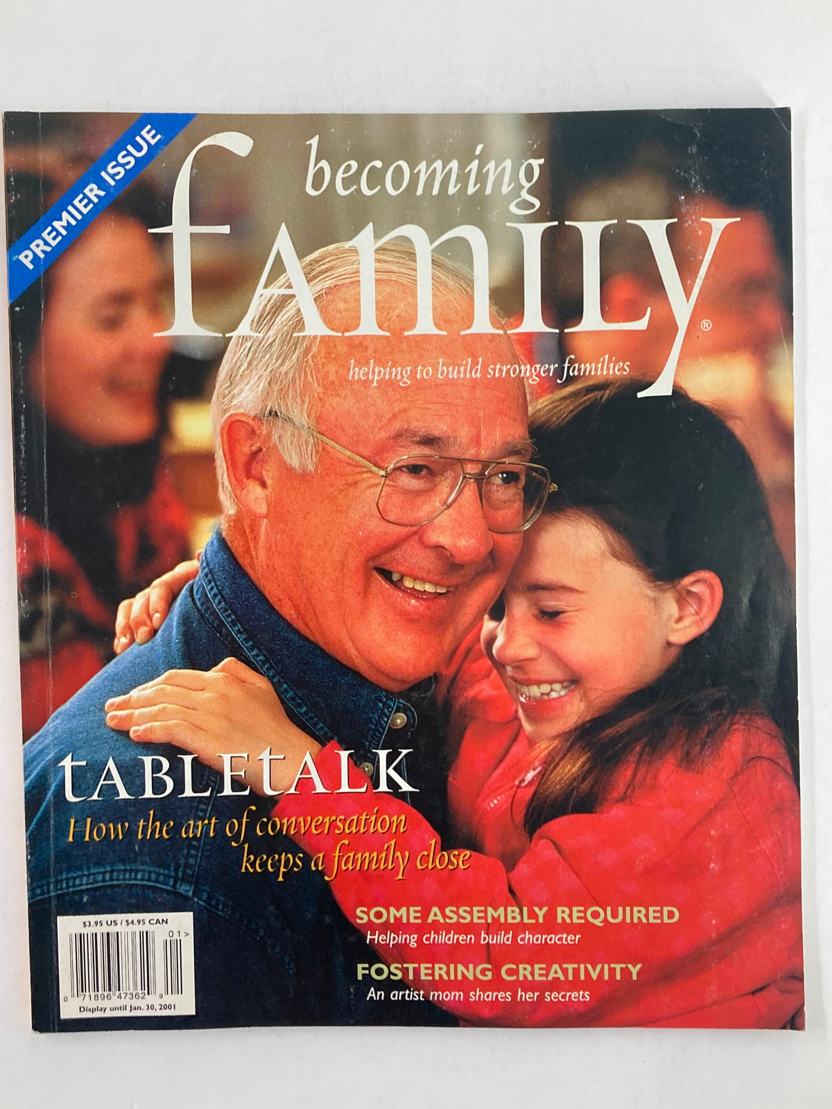 Becoming Family Magazine 2001 cover featuring a smiling elderly man with glasses and a young girl, showcasing the theme of fostering creativity and family conversations.