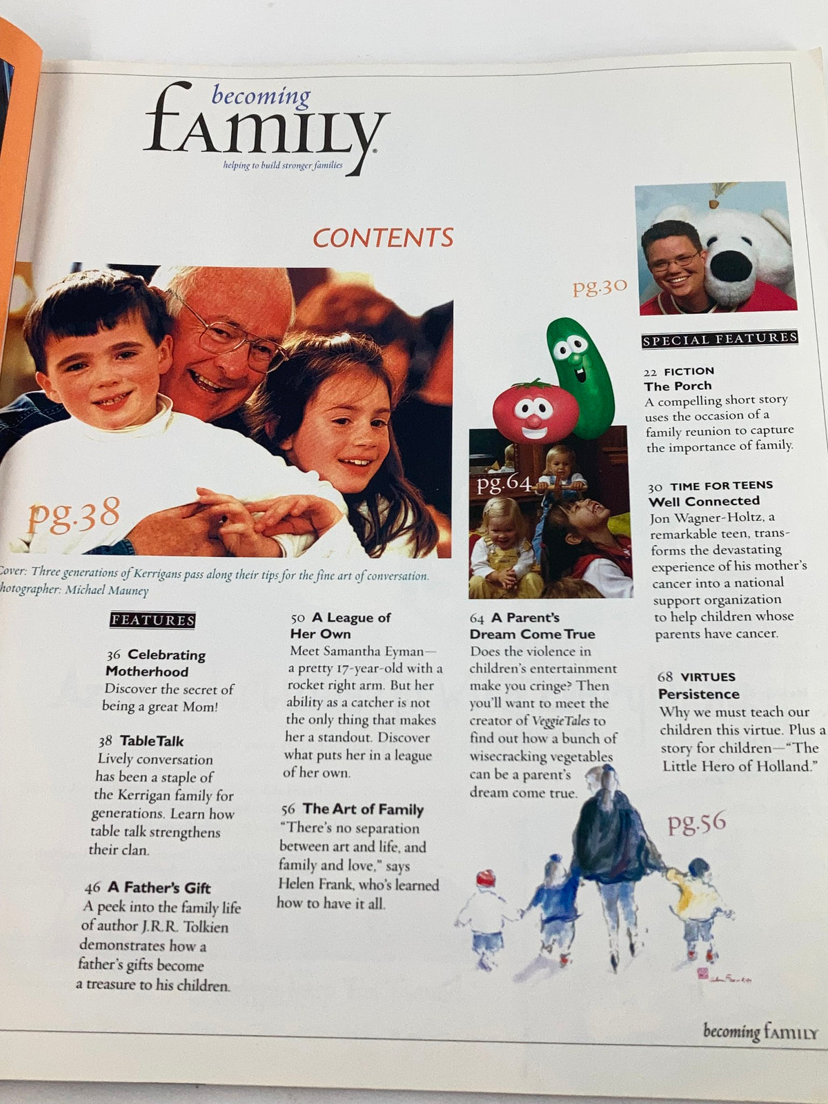 Becoming Family Magazine 2001 contents page highlighting featured articles on parenting such as fostering creativity and family connections.