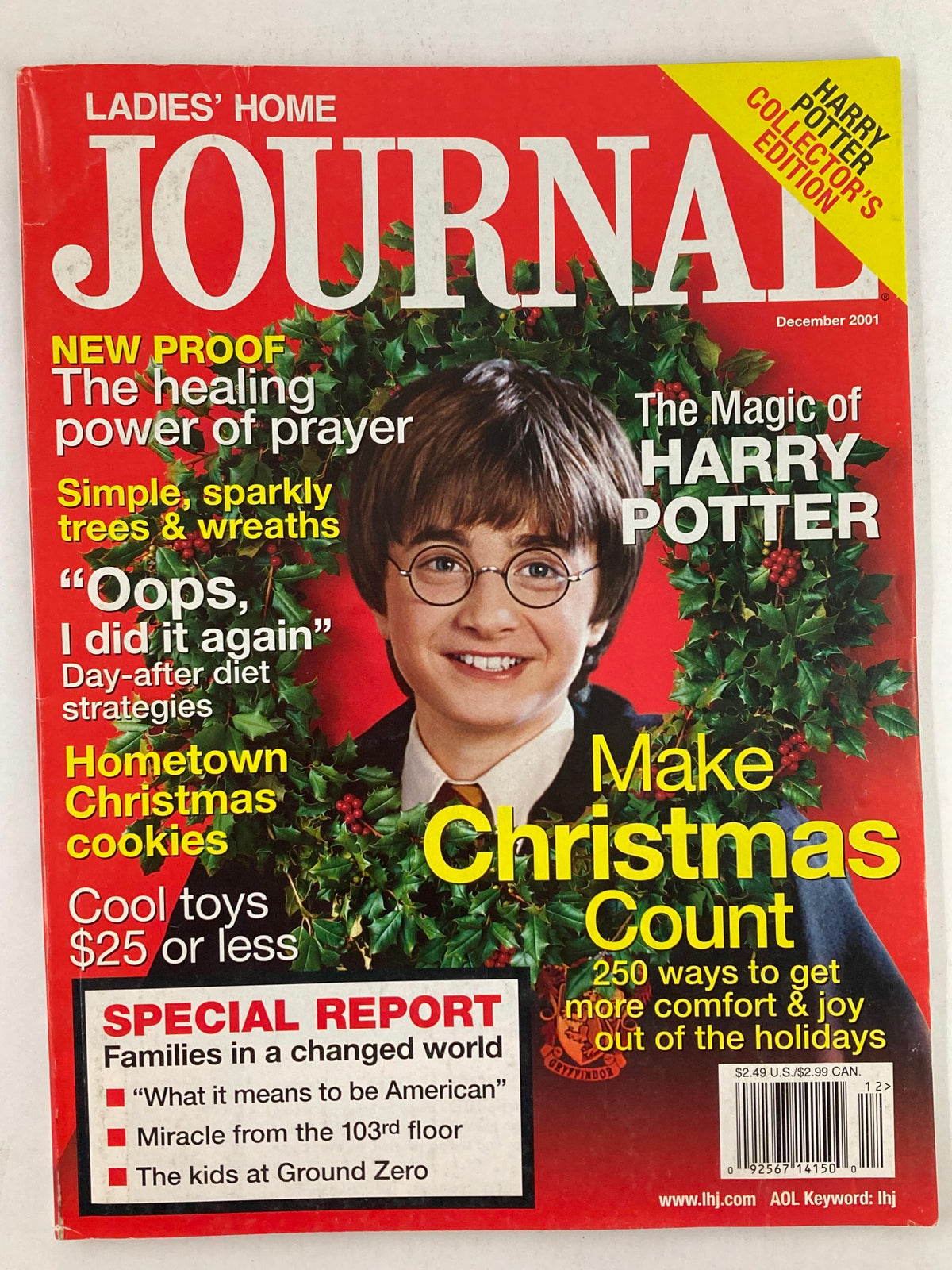 Ladies Home Journal Magazine December 2001 cover featuring Daniel Radcliffe, showcasing the theme 'The Magic of Harry Potter' with festive elements.
