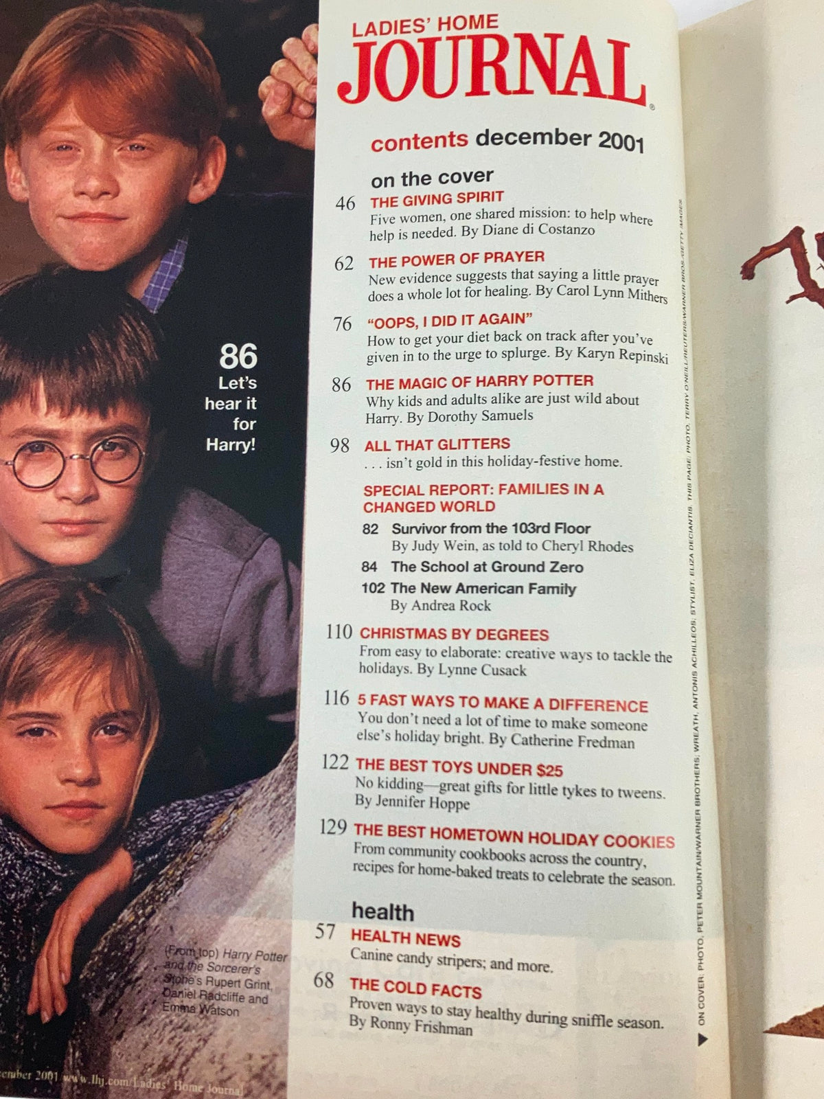 Ladies Home Journal Magazine December 2001 contents page detailing articles and features, including a special focus on families and the holidays.