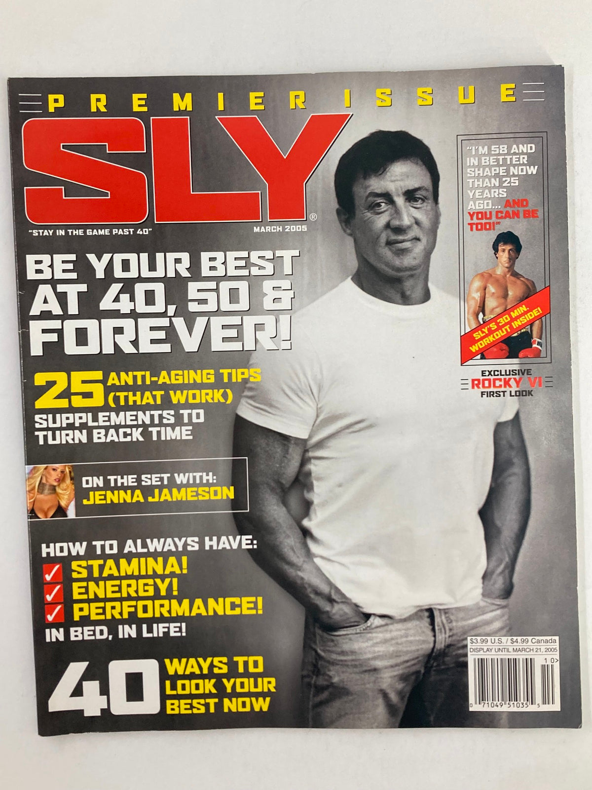 Cover of Sly Magazine March 2005 featuring Sylvester Stallone, promoting wellness and lifestyle tips for overall health.