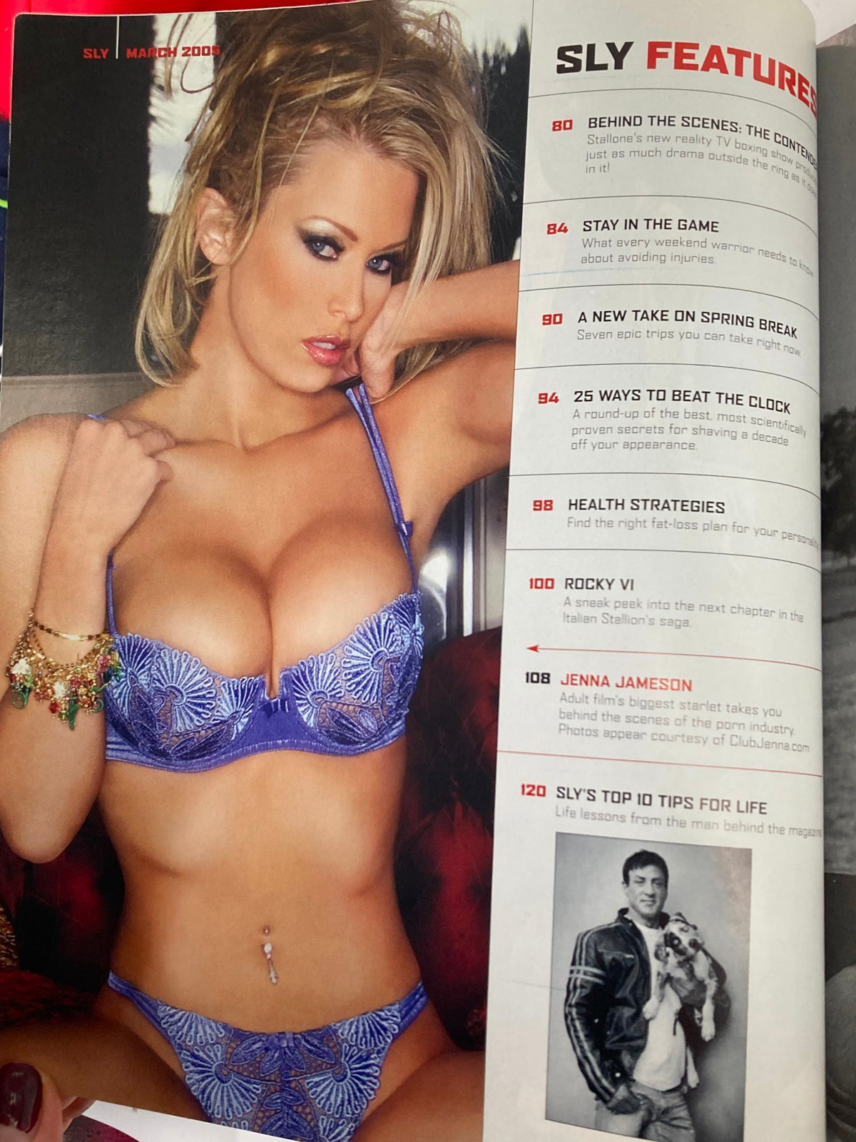 Inside page of Sly Magazine March 2005 showcasing an article with Jenna Jameson, highlighting beauty tips and health strategies.