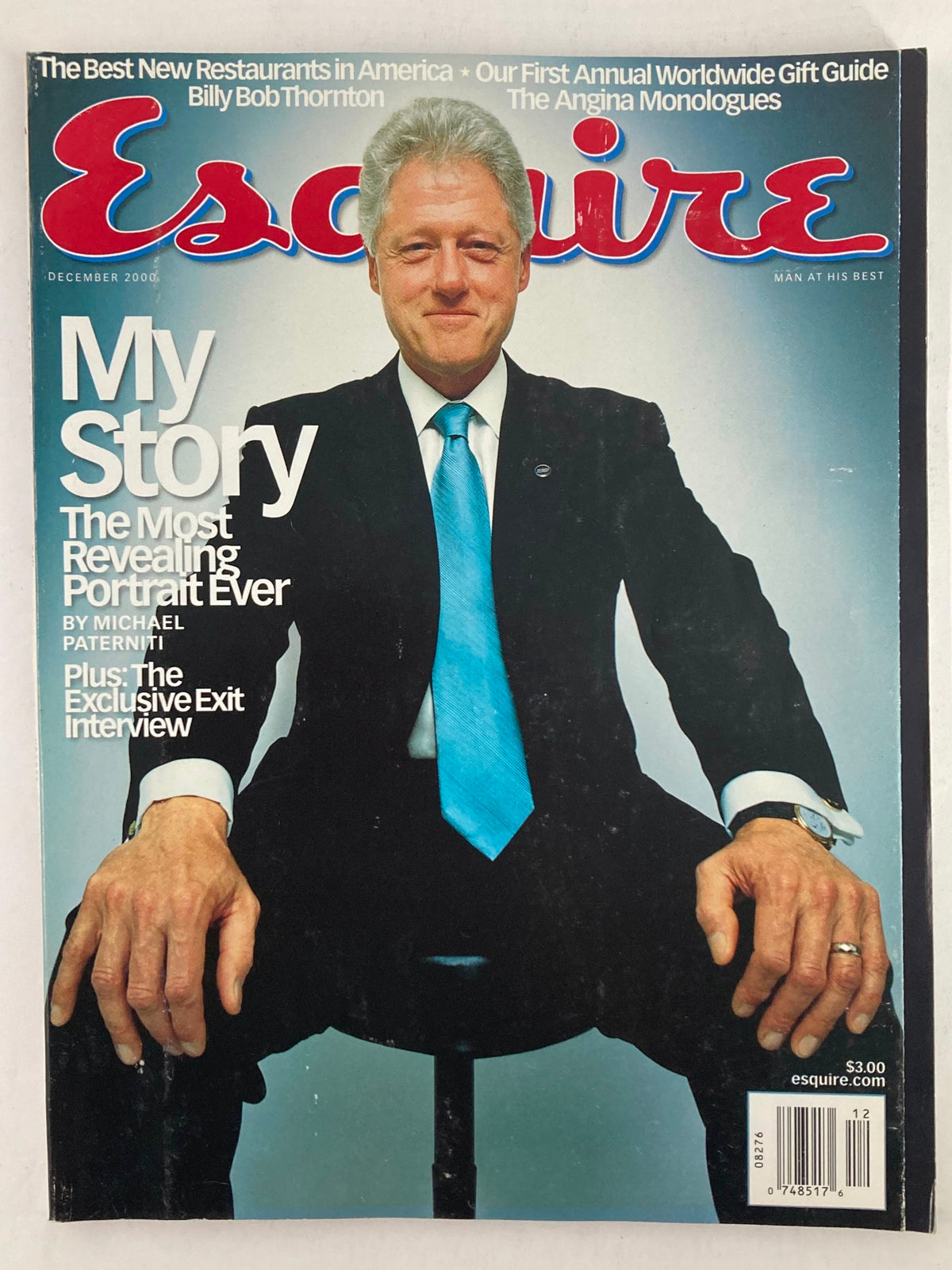 Esquire Magazine December 2000 featuring Bill Clinton on the cover with the title 'My Story: The Most Revealing Portrait Ever', showcasing Clinton seated in a suit and blue tie.