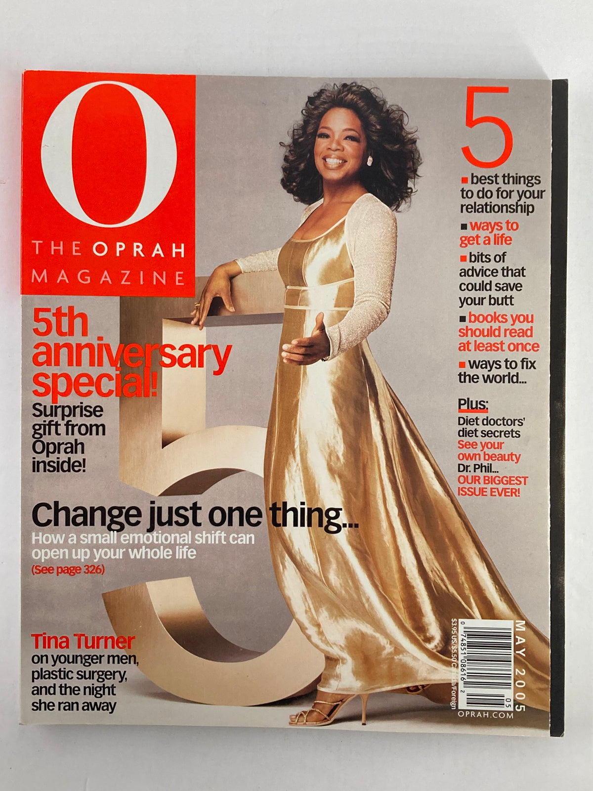 The Oprah Magazine May 2005 cover showcasing Oprah Winfrey in an elegant gold gown, celebrating the magazine's 5th anniversary.