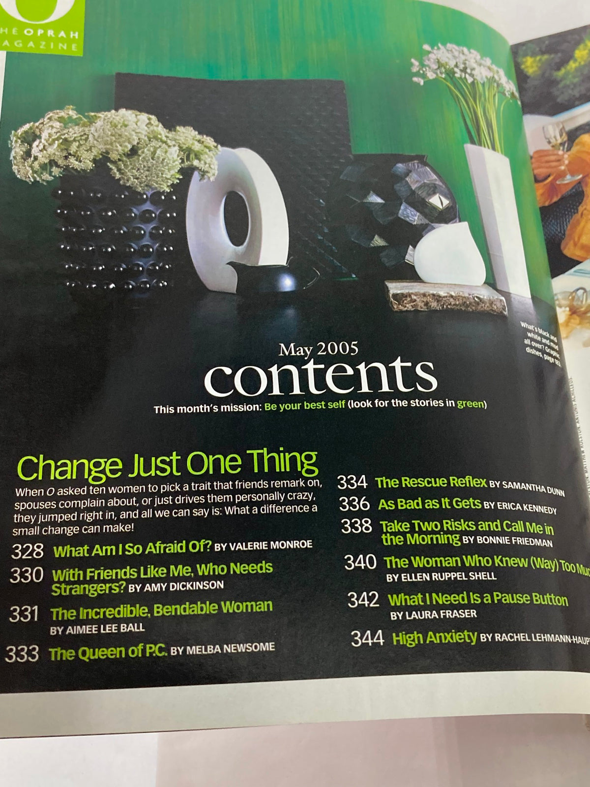 Contents page of The Oprah Magazine May 2005 featuring the title 'Change Just One Thing' and highlighted articles including 'What Am I So Afraid Of?' and 'With Friends Like Me, Who Needs Strangers?'