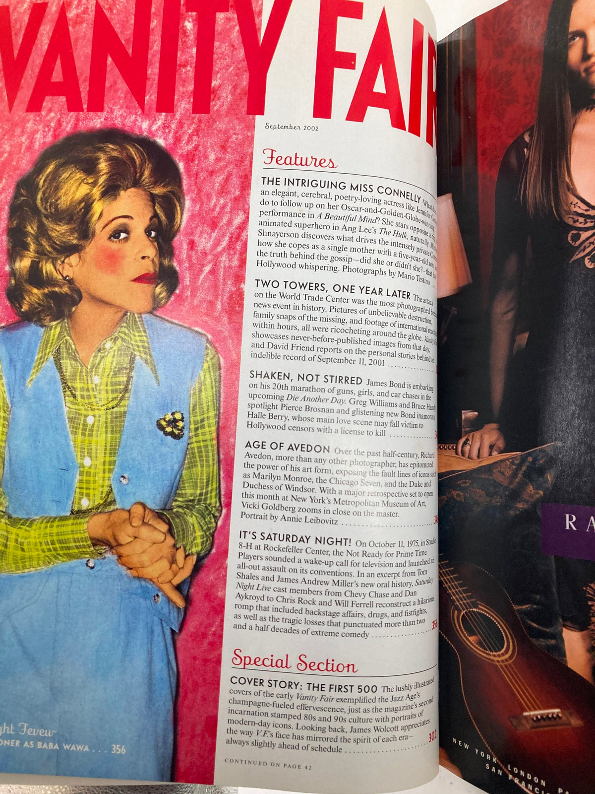 Interior page of Vanity Fair Magazine September 2002, featuring articles and images, including a spotlight on Jennifer Connelly.