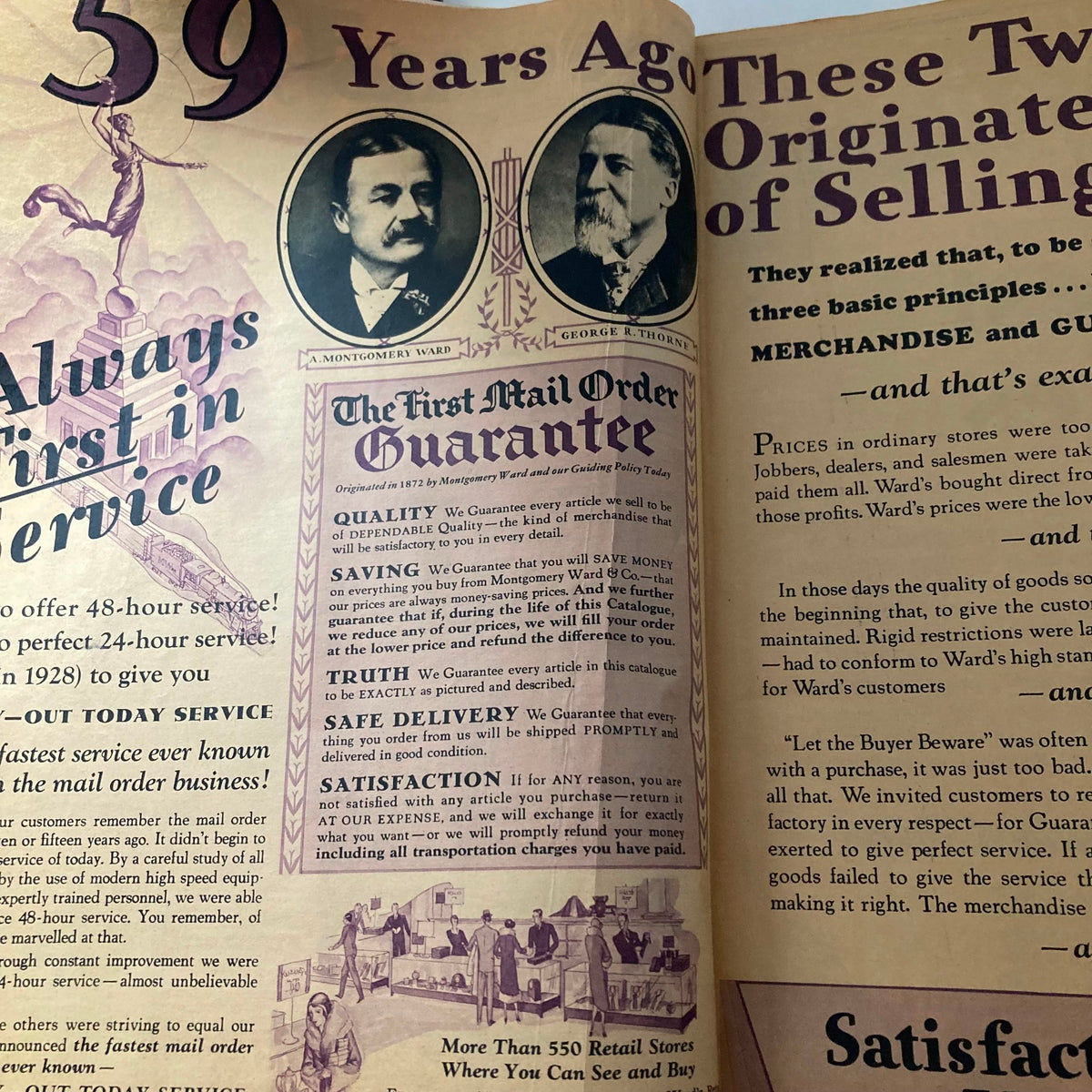 Historical advertisement in the Spring & Summer 1931 Montgomery Ward & Co. Catalogue No. 114 highlighting their first mail order guarantee and business principles.