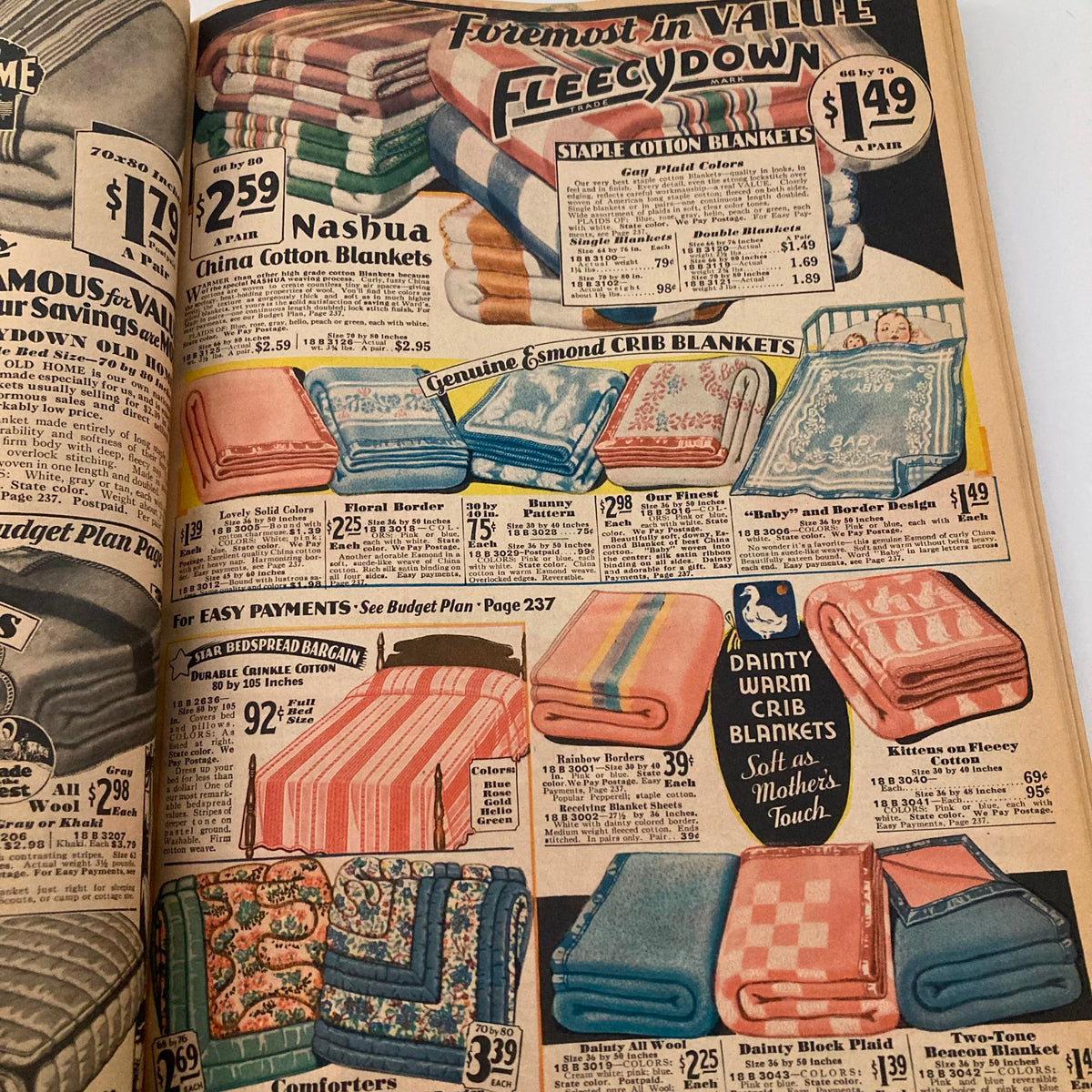 Bedding section of the Spring & Summer 1931 Montgomery Ward & Co. Catalogue No. 114 showcasing stylish blankets with pricing information.