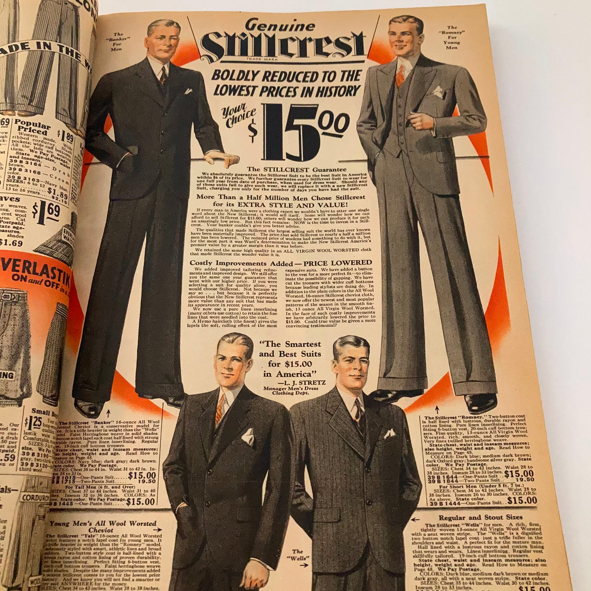 Spring & Summer 1931 Montgomery Ward & Co. Catalogue No. 114 Portland showcasing men's suits advertisement with bold price reductions.