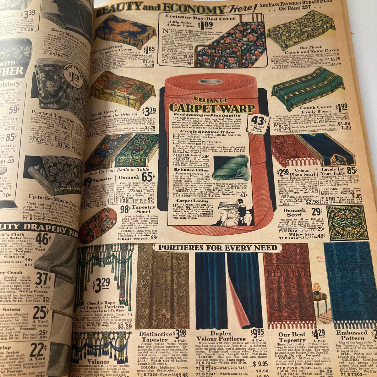 Spring & Summer 1931 Montgomery Ward & Co. Catalogue No. 114 displaying an array of decorative carpets and drapery options along with their prices.