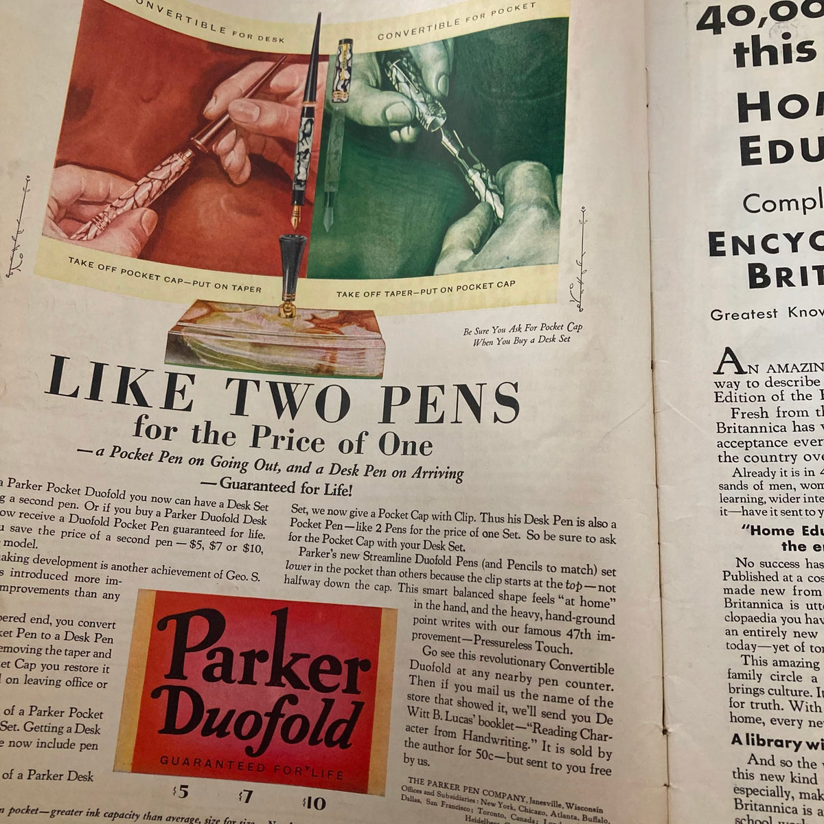 Advertisement for Parker Duofold pens in VTG Collier's Magazine February 8 1930 showcasing two convertible pens for desk and pocket use.
