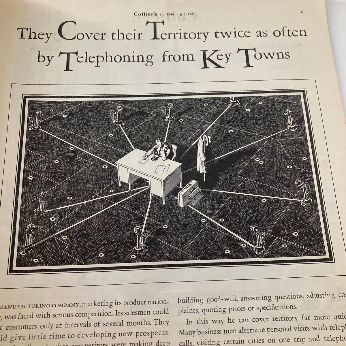 Illustration from VTG Collier's Magazine February 8 1930 showing a business scenario with a man at a desk connected by telephone lines.